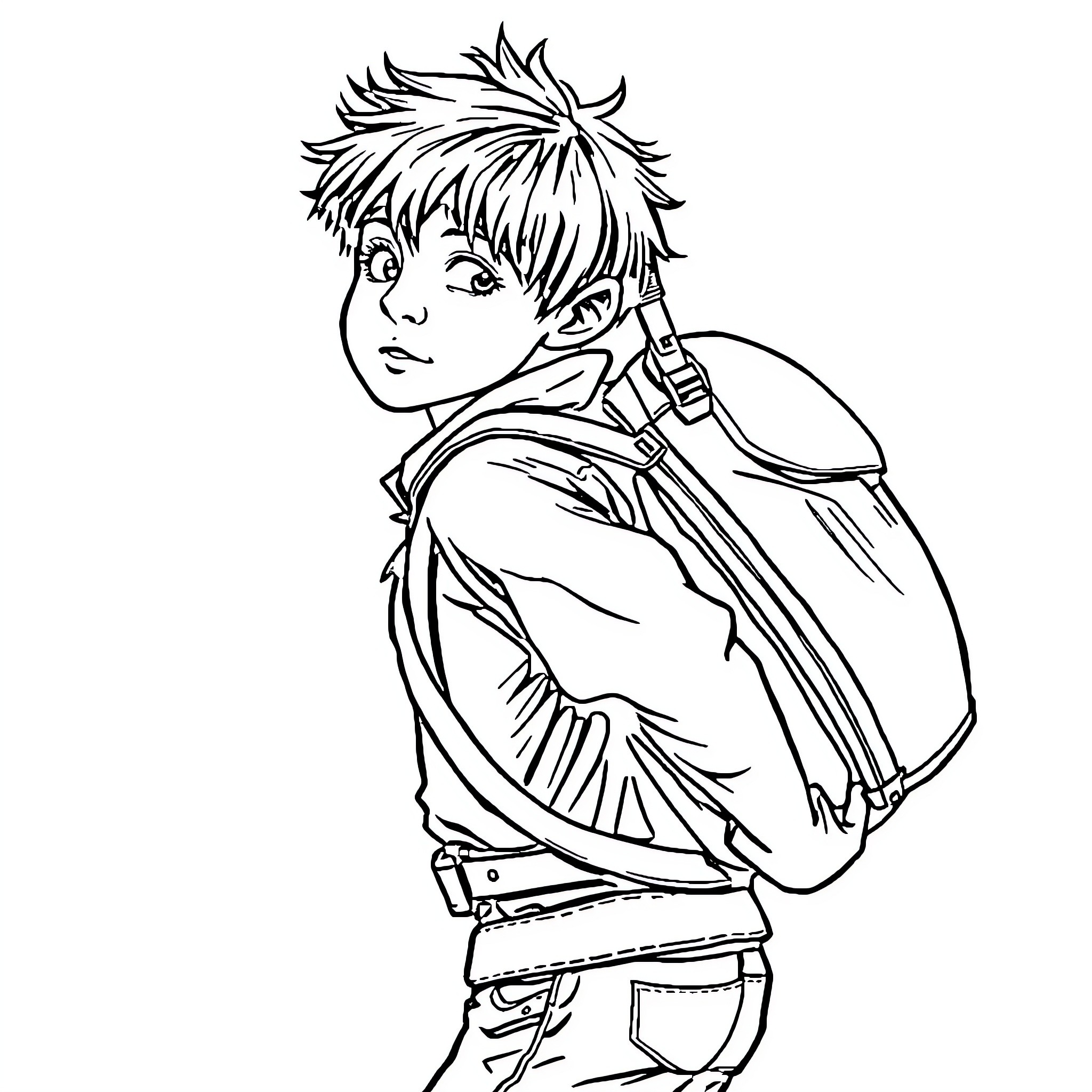 Kid with backpack and tousled hair Coloring Page (free black-and-white line drawing printable PDF for all, from beginners to advanced learners, including children, teens, adults, and seniors)