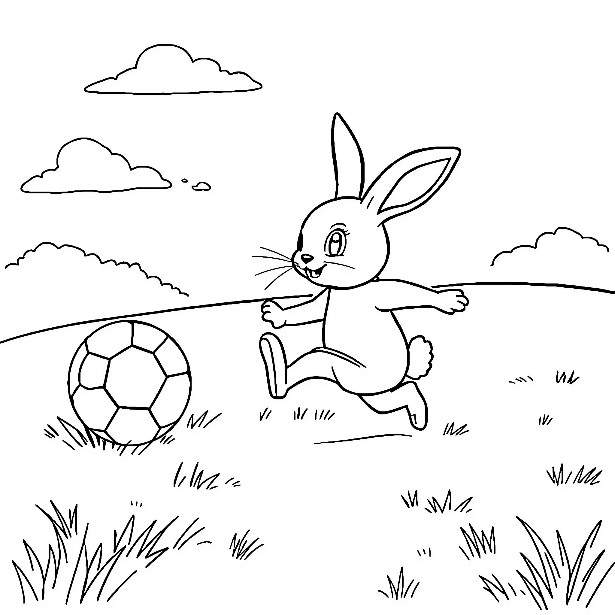 Rabbit playing with soccer ball in the field Coloring Page (free black-and-white line drawing printable PDF for all, from beginners to advanced learners, including children, teens, adults, and seniors)