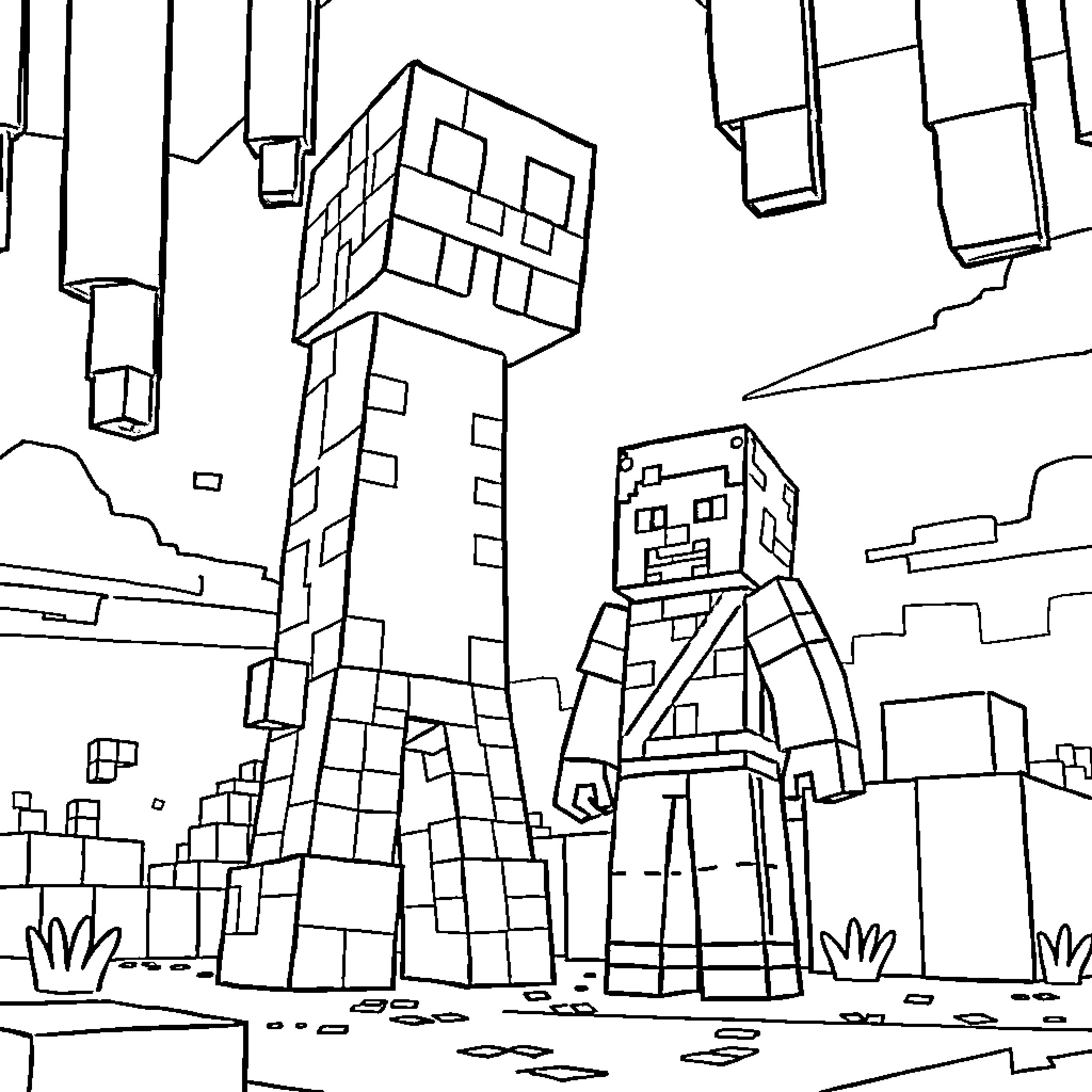Minecraft Steve exploring a blocky landscape Coloring Page (free black-and-white line drawing printable PDF for all, from beginners to advanced learners, including children, teens, adults, and seniors)
