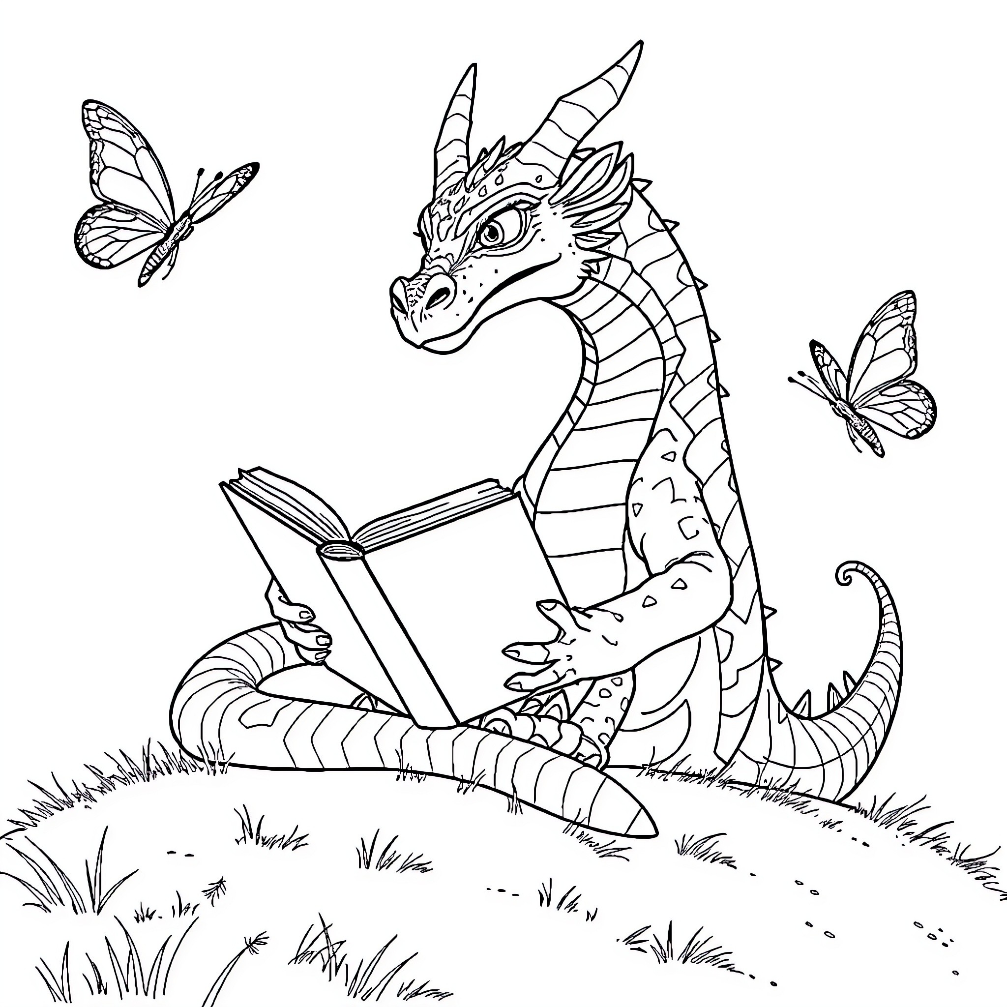 Dragon reading a book with butterflies Coloring Page (free black-and-white line drawing printable PDF for all, from beginners to advanced learners, including children, teens, adults, and seniors)