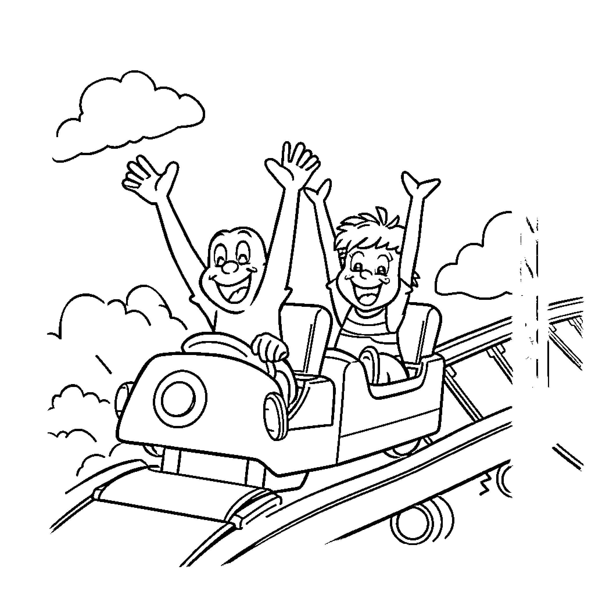 Bluey and friend enjoying a thrilling ride Coloring Page (free black-and-white line drawing printable PDF for all, from beginners to advanced learners, including children, teens, adults, and seniors)