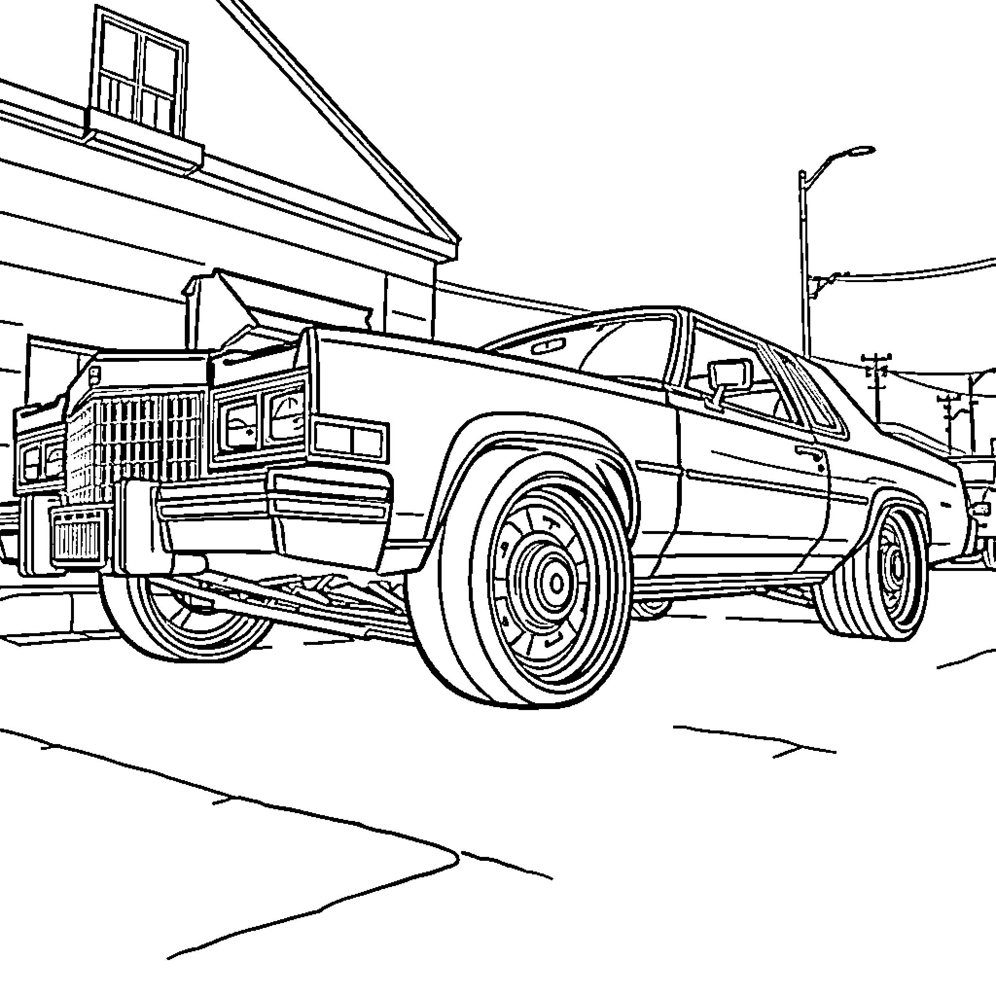 Cadillac classic car in urban street scene Coloring Page (free black-and-white line drawing printable PDF for all, from beginners to advanced learners, including children, teens, adults, and seniors)