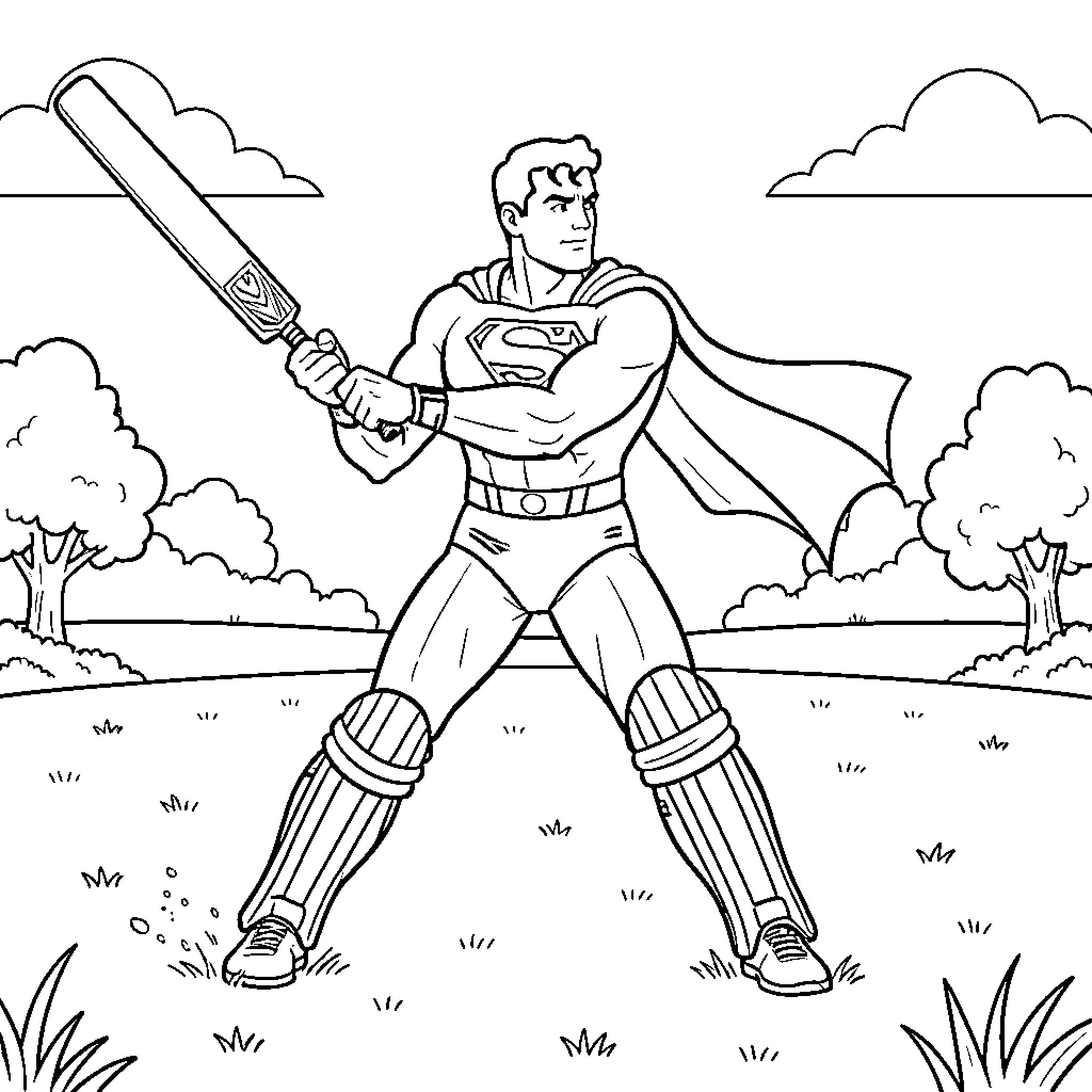 Superman playing cricket with a bat and pads Coloring Page (free black-and-white line drawing printable PDF for all, from beginners to advanced learners, including children, teens, adults, and seniors)