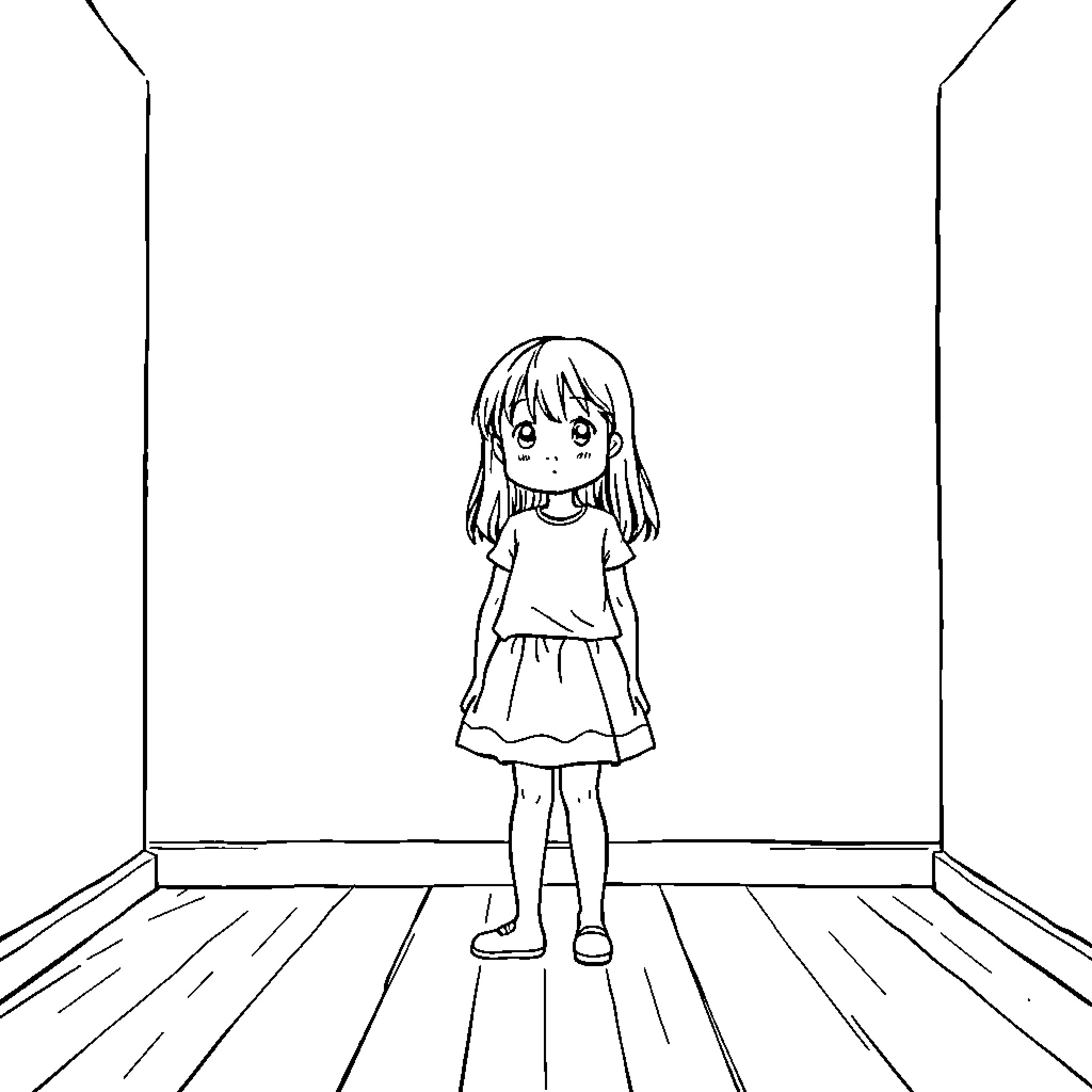 Girl standing alone in an empty room Coloring Page (free black-and-white line drawing printable PDF for all, from beginners to advanced learners, including children, teens, adults, and seniors)