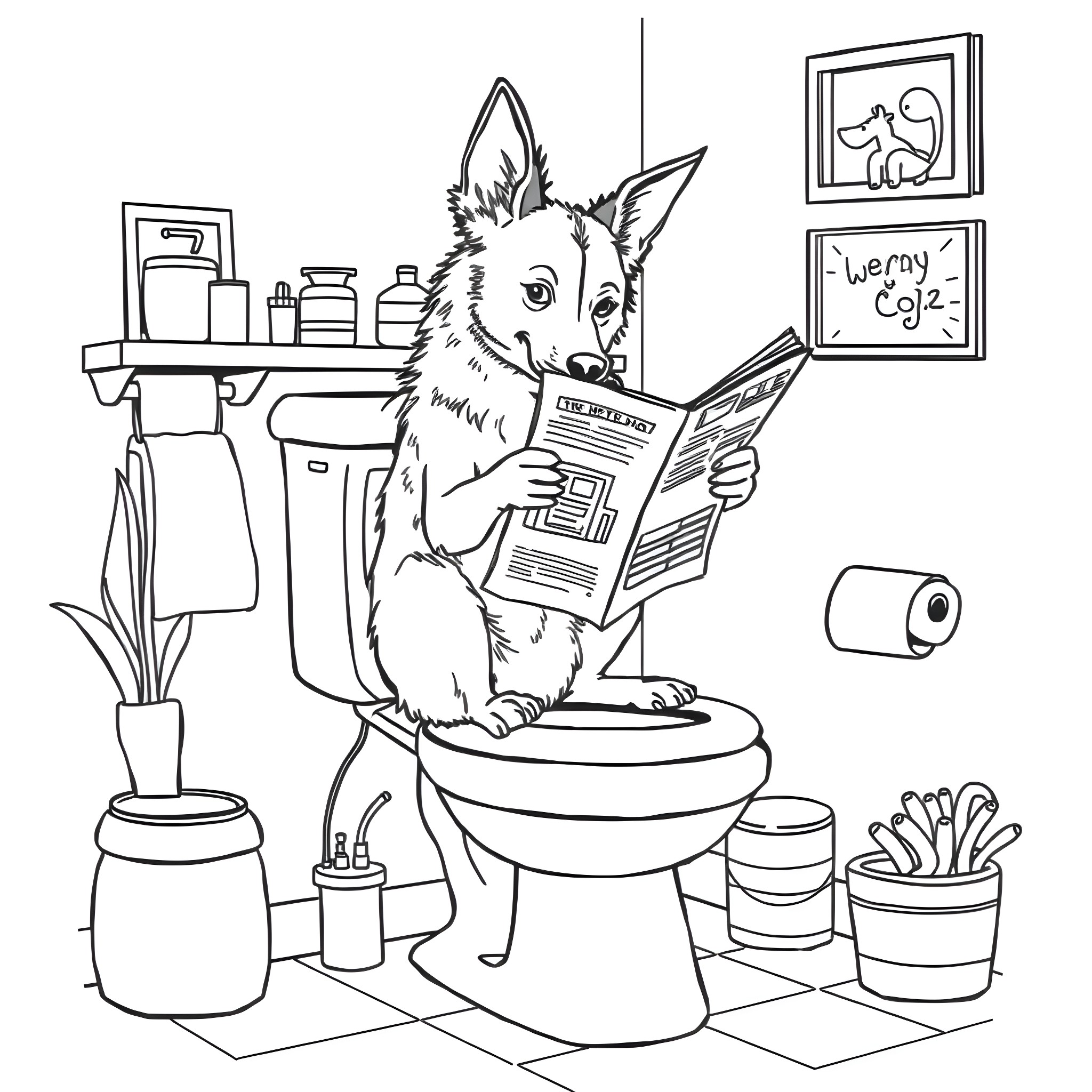Dog reading newspaper on the toilet Coloring Page (free black-and-white line drawing printable PDF for all, from beginners to advanced learners, including children, teens, adults, and seniors)