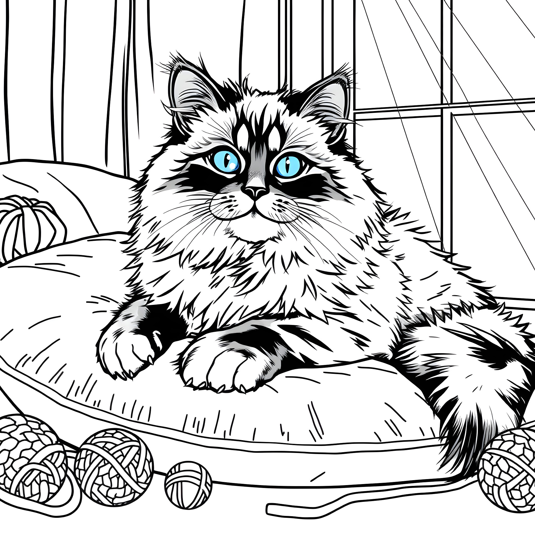 Ragdoll Cat Sitting Calmly in Basket Coloring Page (free black-and-white line drawing printable PDF for all, from beginners to advanced learners, including children, teens, adults, and seniors)