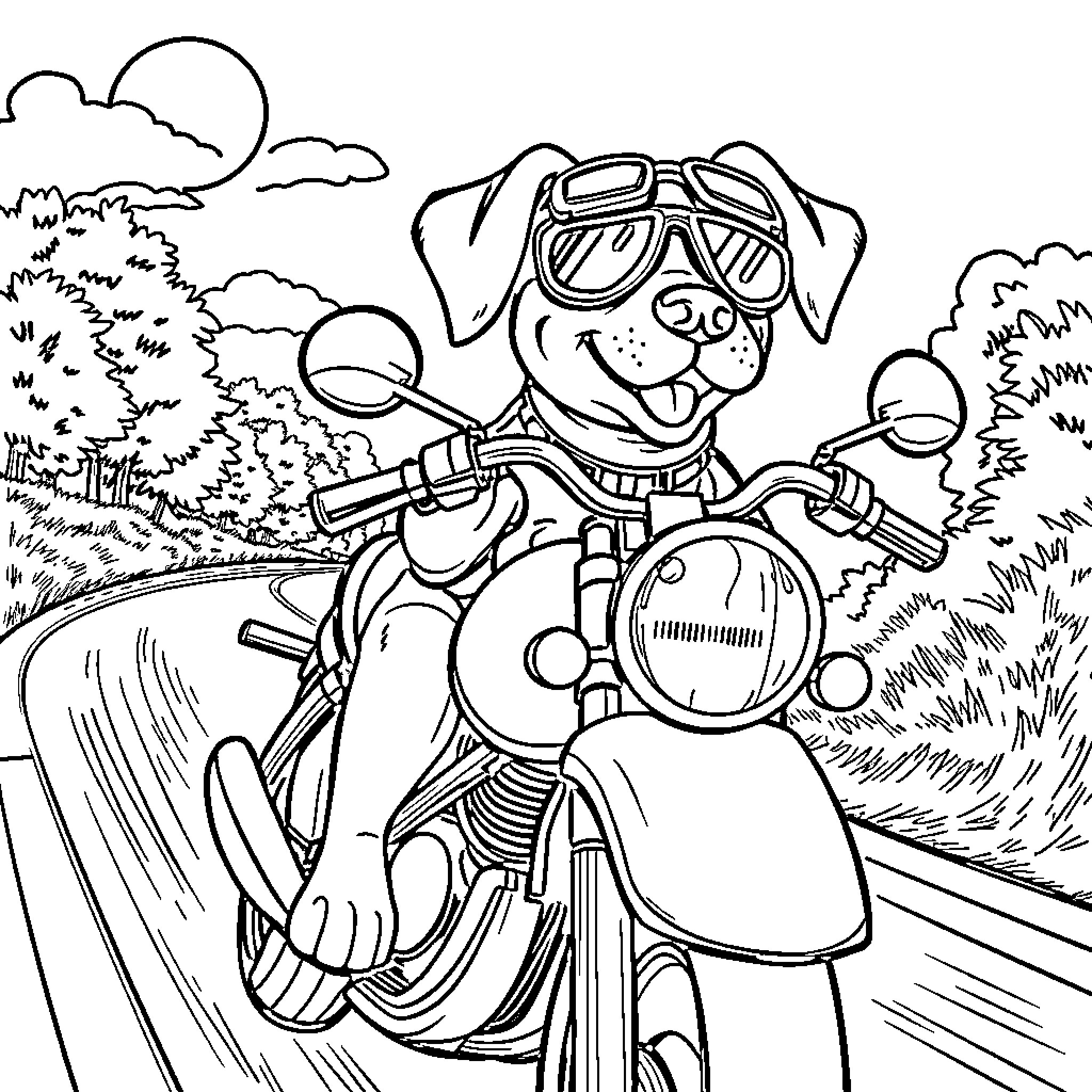 Beagle riding motorcycle on scenic road Coloring Page (free black-and-white line drawing printable PDF for all, from beginners to advanced learners, including children, teens, adults, and seniors)
