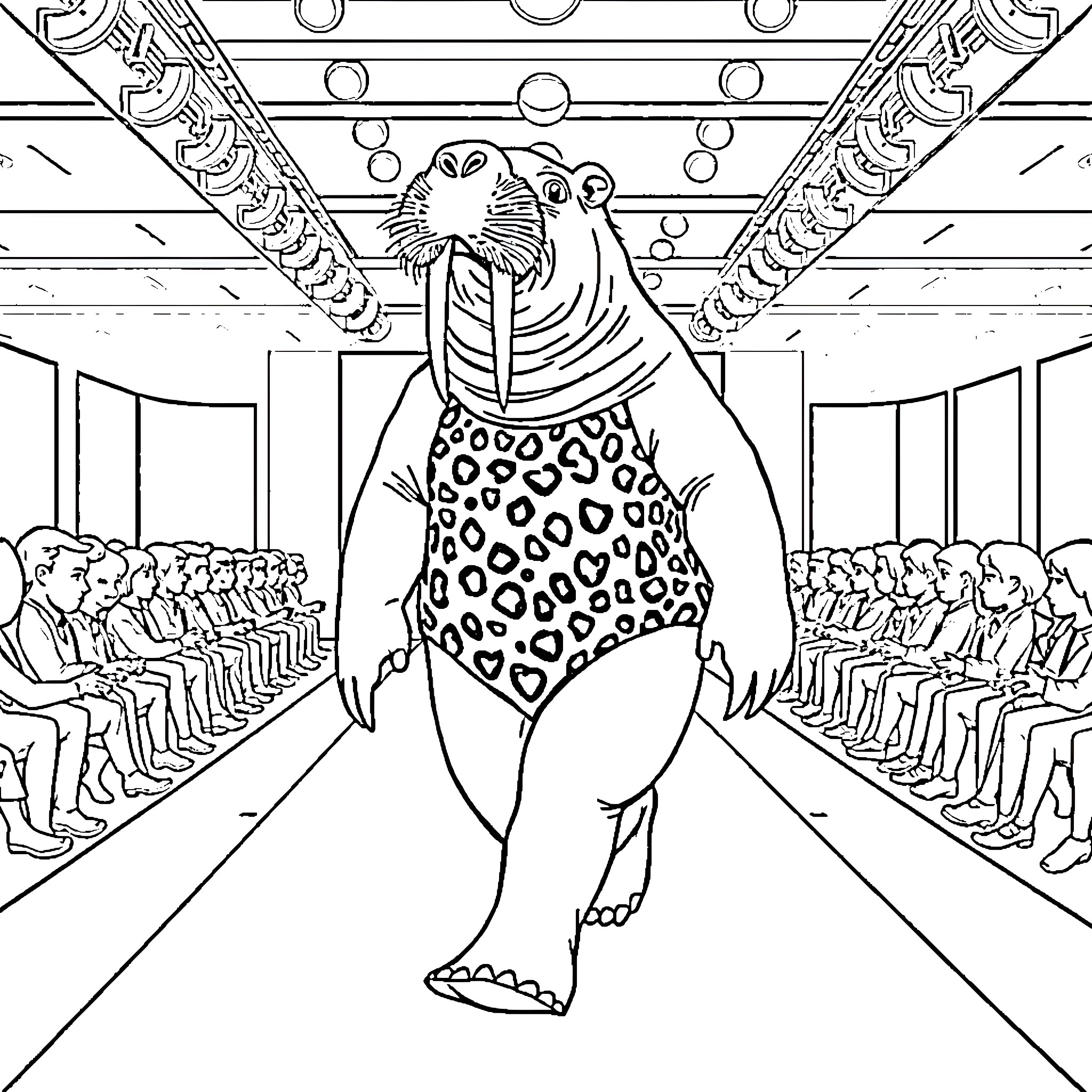Walrus strutting down a fashion runway Coloring Page (free black-and-white line drawing printable PDF for all, from beginners to advanced learners, including children, teens, adults, and seniors)