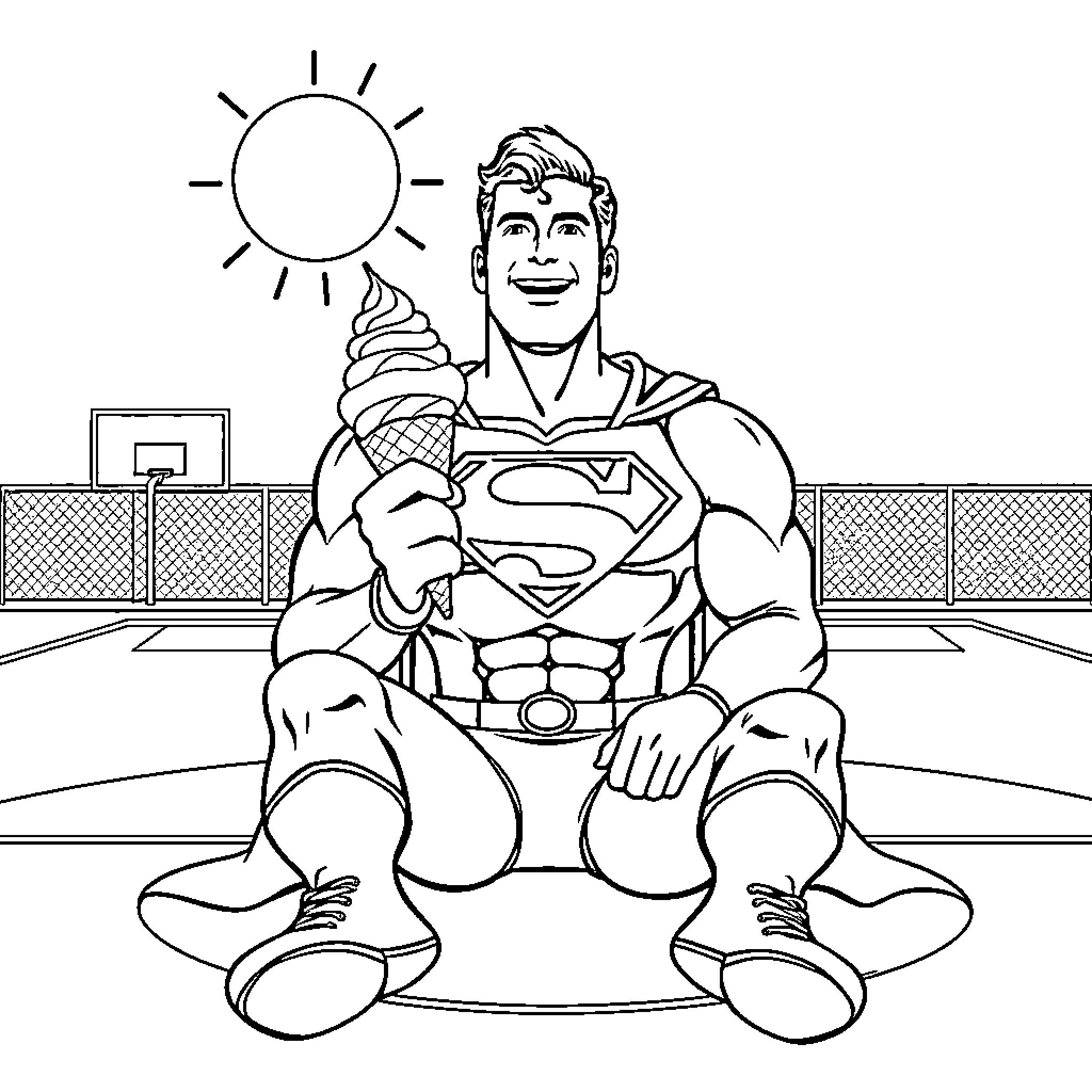 Superman enjoying a sunny day with ice cream Coloring Page (free black-and-white line drawing printable PDF for all, from beginners to advanced learners, including children, teens, adults, and seniors)