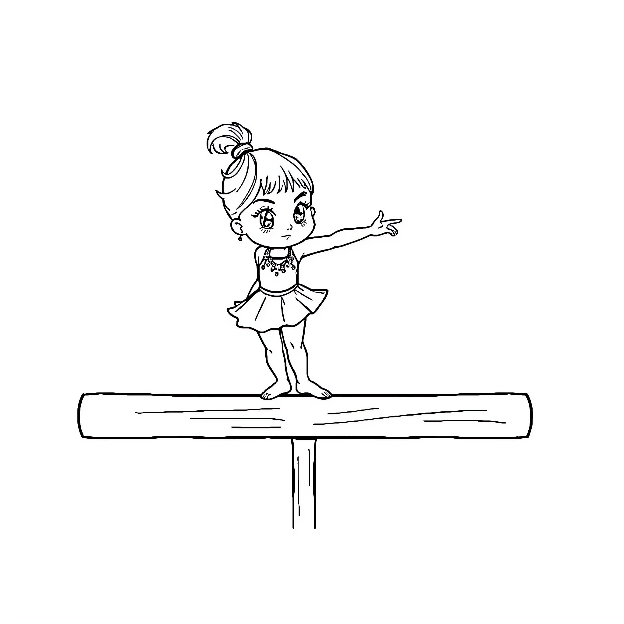 Gymnast balancing on balance beam Coloring Page (free black-and-white line drawing printable PDF for all, from beginners to advanced learners, including children, teens, adults, and seniors)