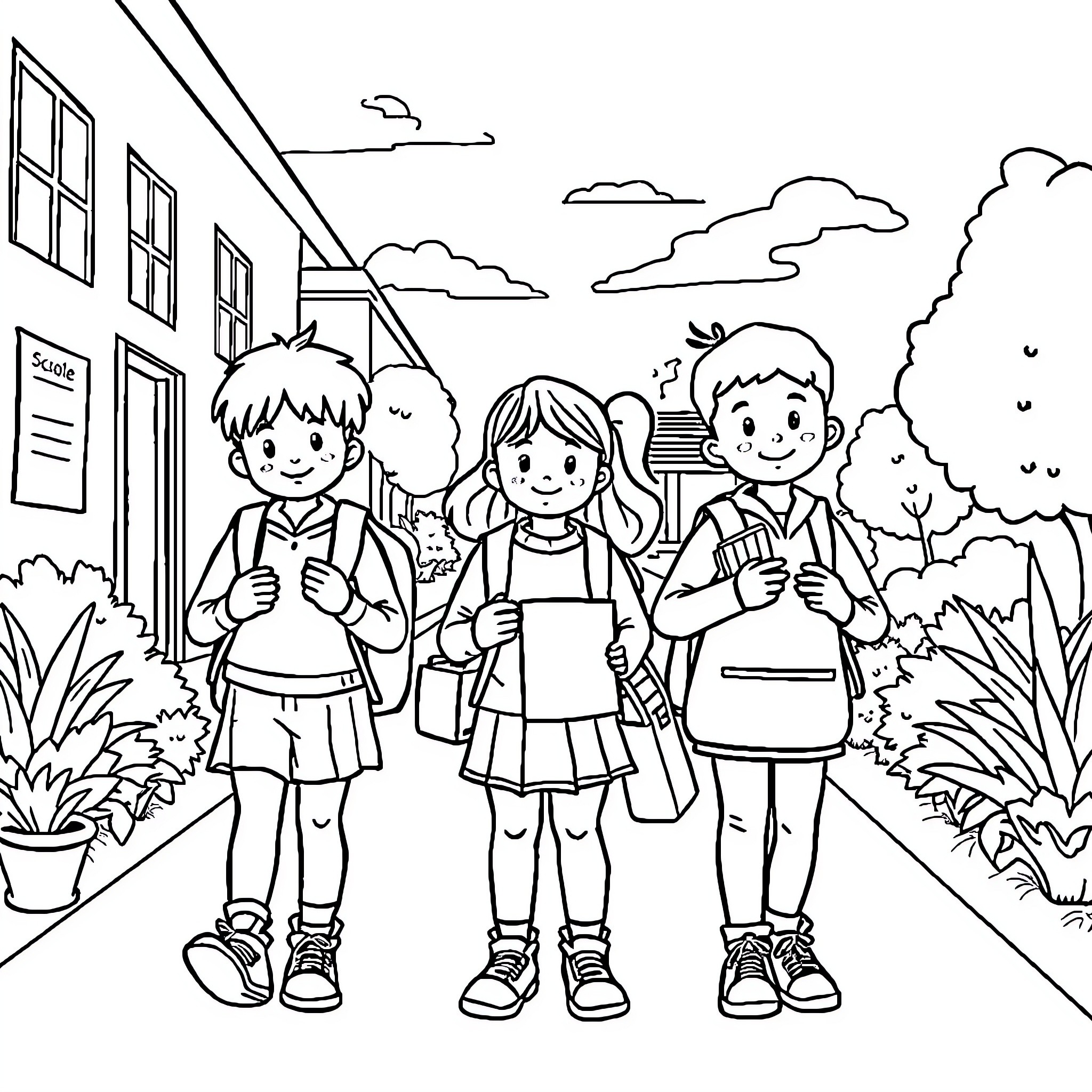 Élève walking to school together Coloring Page (free black-and-white line drawing printable PDF for all, from beginners to advanced learners, including children, teens, adults, and seniors)