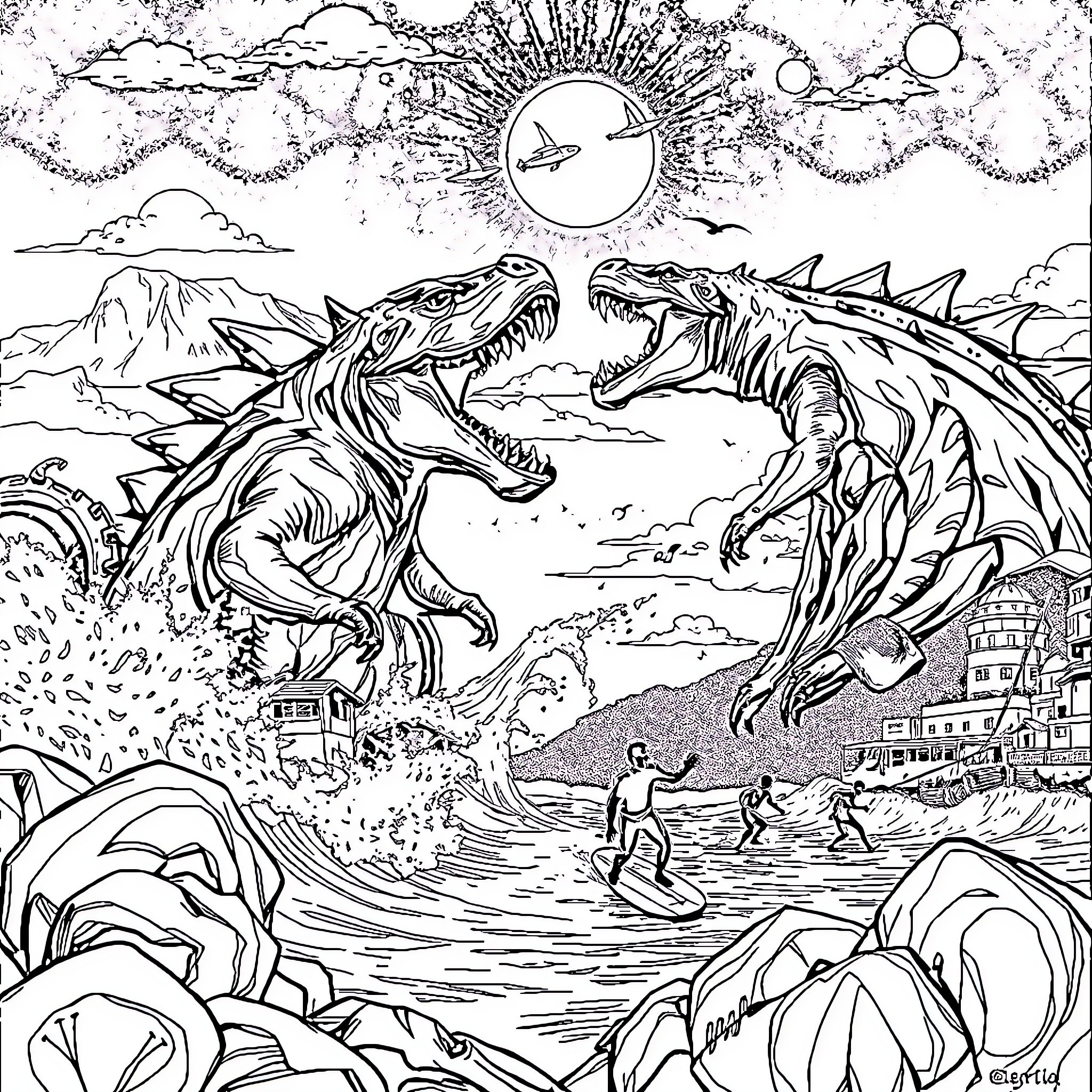 Monster dinosaurs battle in a fantastical landscape Coloring Page (free black-and-white line drawing printable PDF for all, from beginners to advanced learners, including children, teens, adults, and seniors)