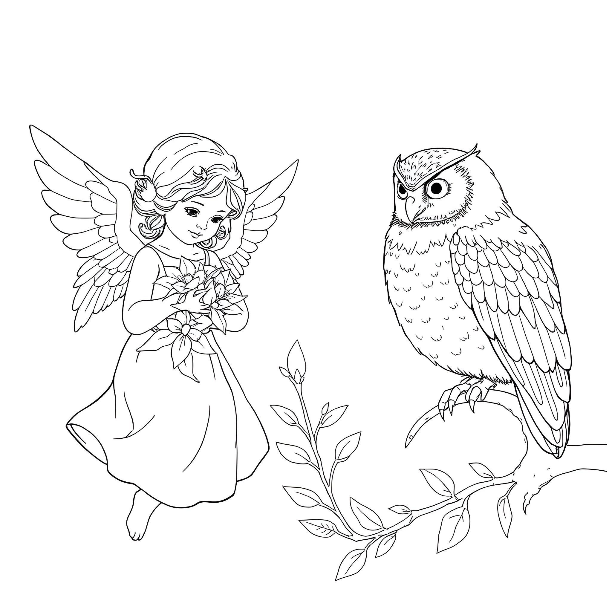 Angel with flowers and an owl in nature Coloring Page (free black-and-white line drawing printable PDF for all, from beginners to advanced learners, including children, teens, adults, and seniors)