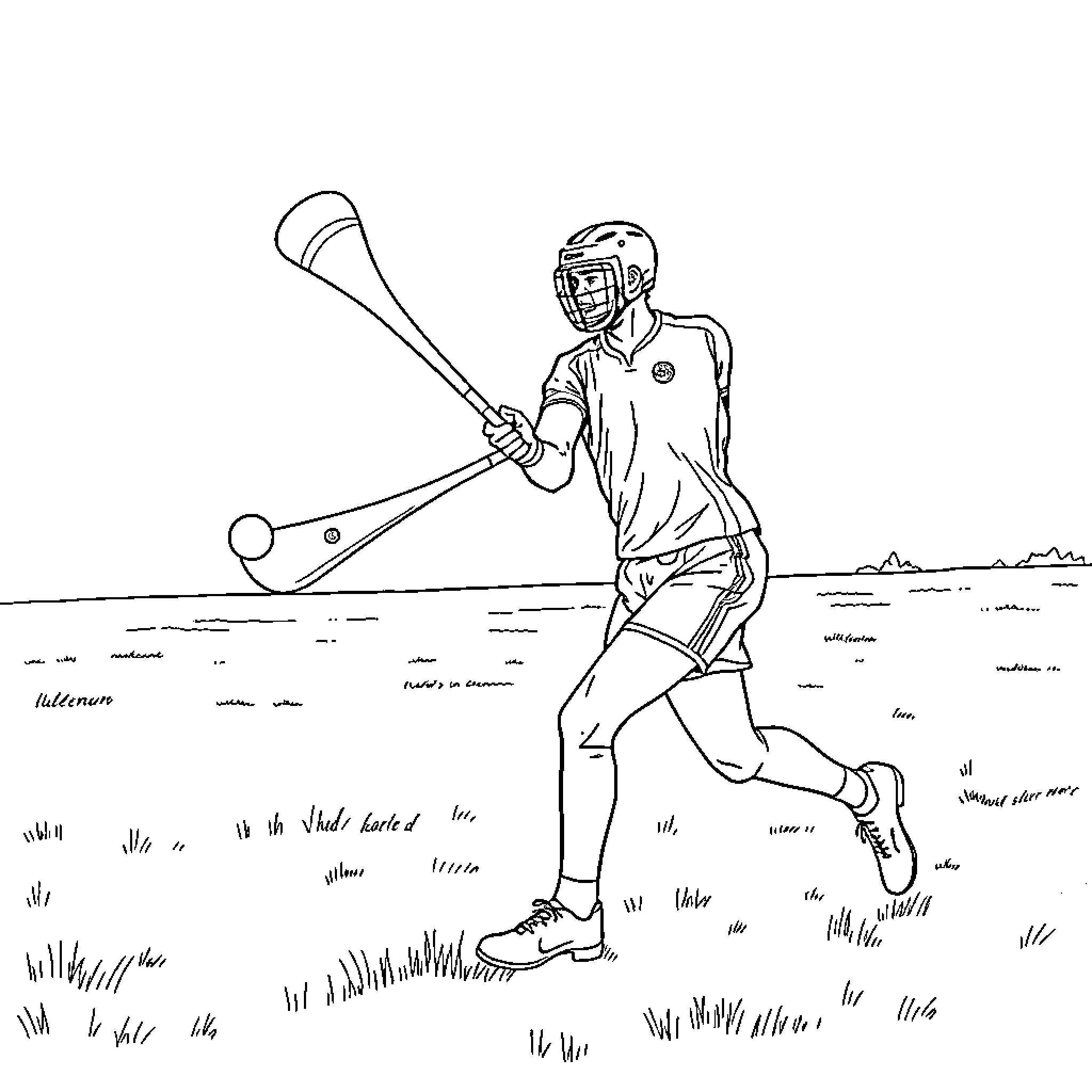 Hurling Player in Action on the Field Coloring Page (free black-and-white line drawing printable PDF for all, from beginners to advanced learners, including children, teens, adults, and seniors)