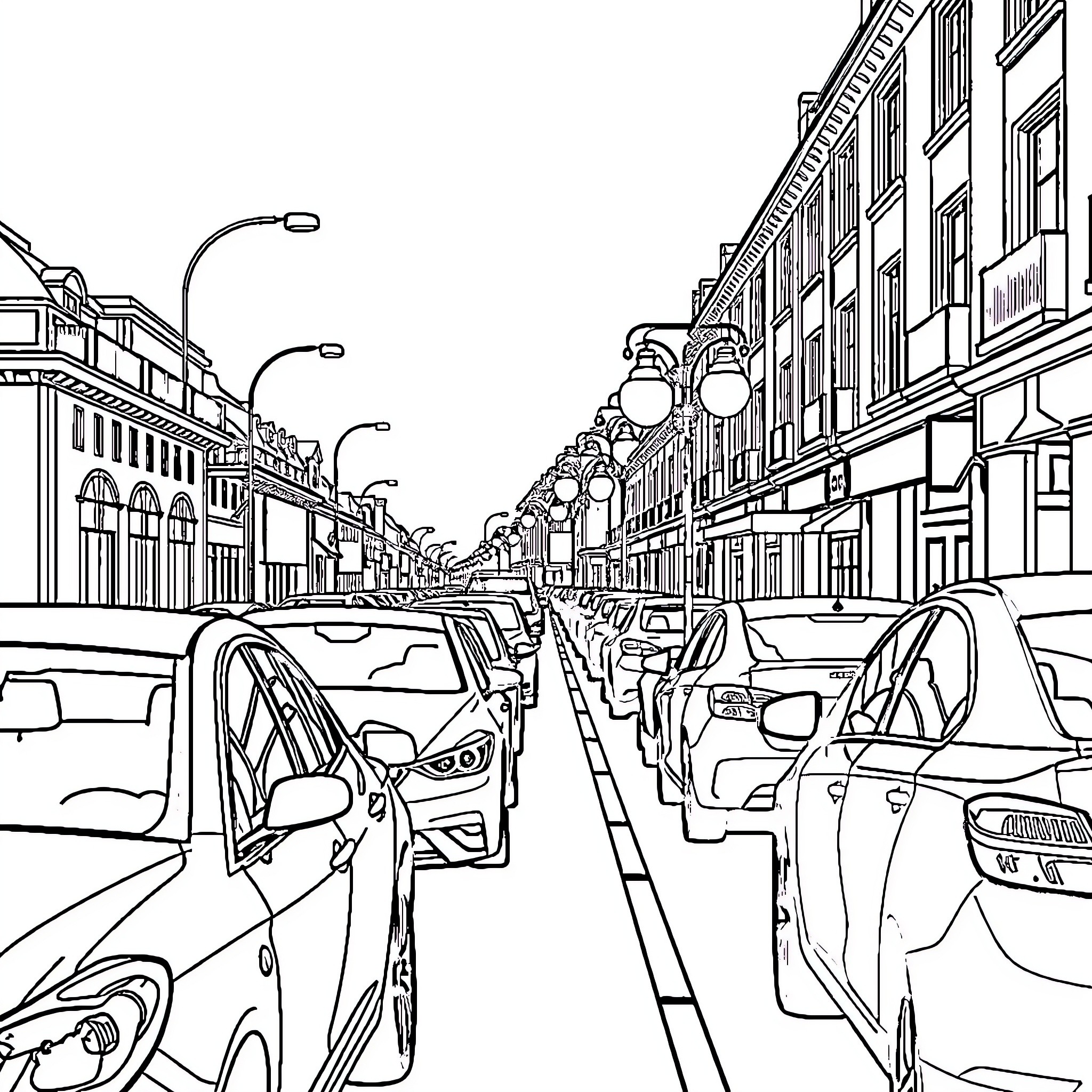 Car-Filled Street Scene with Buildings and Lamps Coloring Page (free black-and-white line drawing printable PDF for all, from beginners to advanced learners, including children, teens, adults, and seniors)