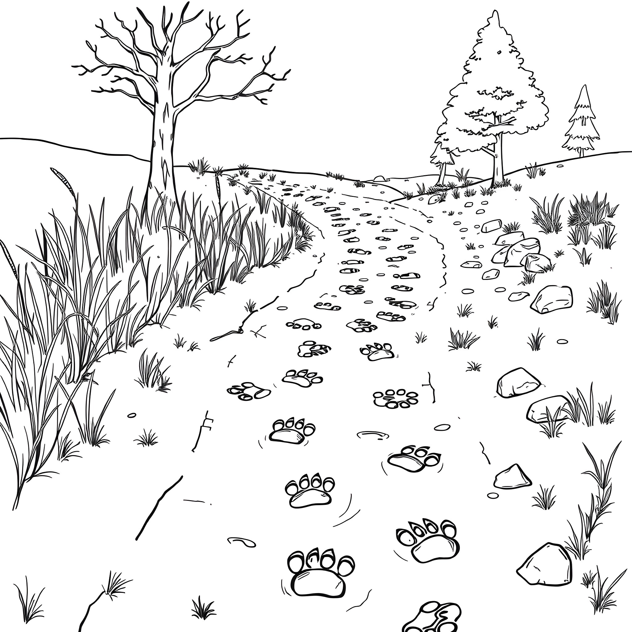 Animal Footprint Trail through Woodland Landscape Coloring Page (free black-and-white line drawing printable PDF for all, from beginners to advanced learners, including children, teens, adults, and seniors)