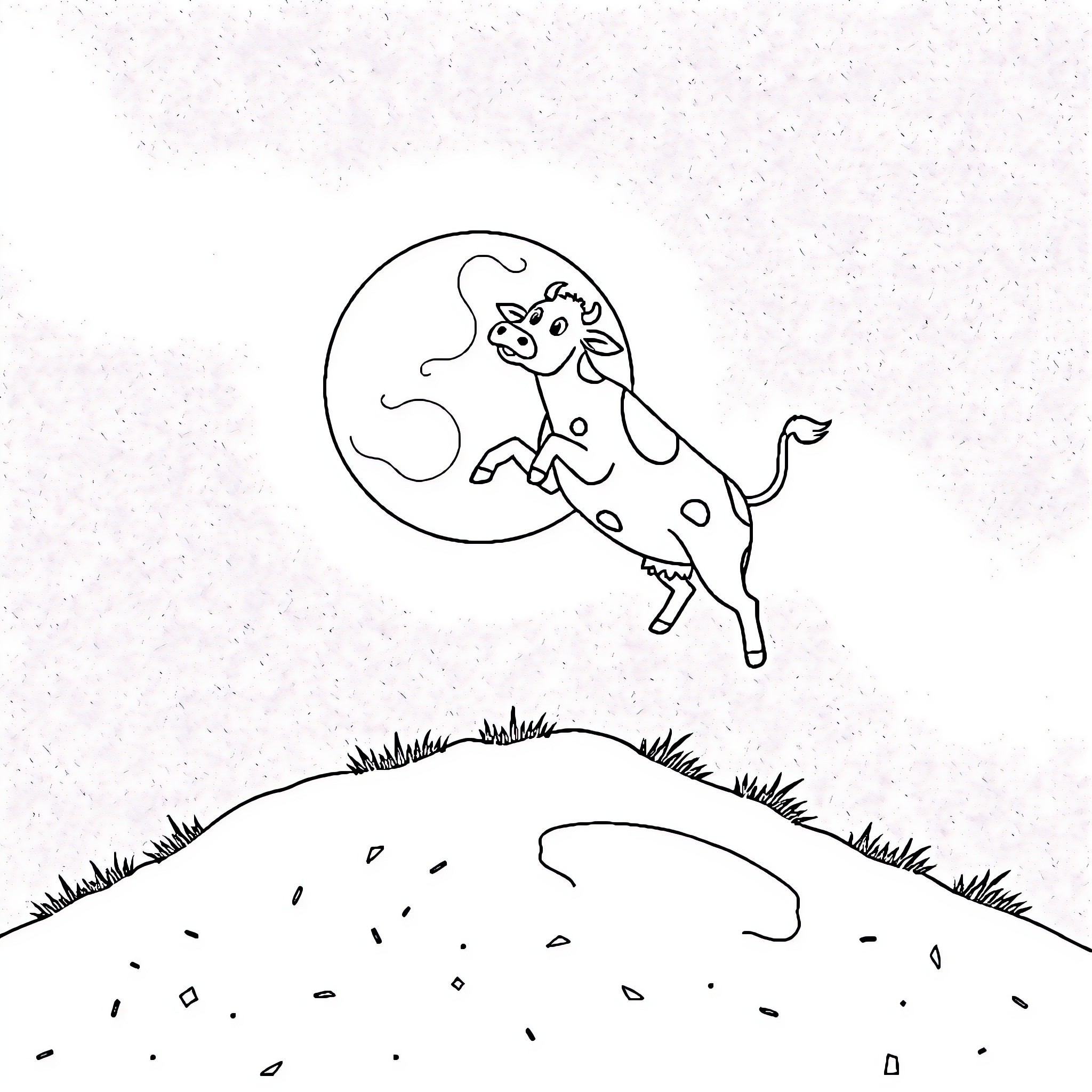 Cow jumping over the moon Coloring Page (free black-and-white line drawing printable PDF for all, from beginners to advanced learners, including children, teens, adults, and seniors)