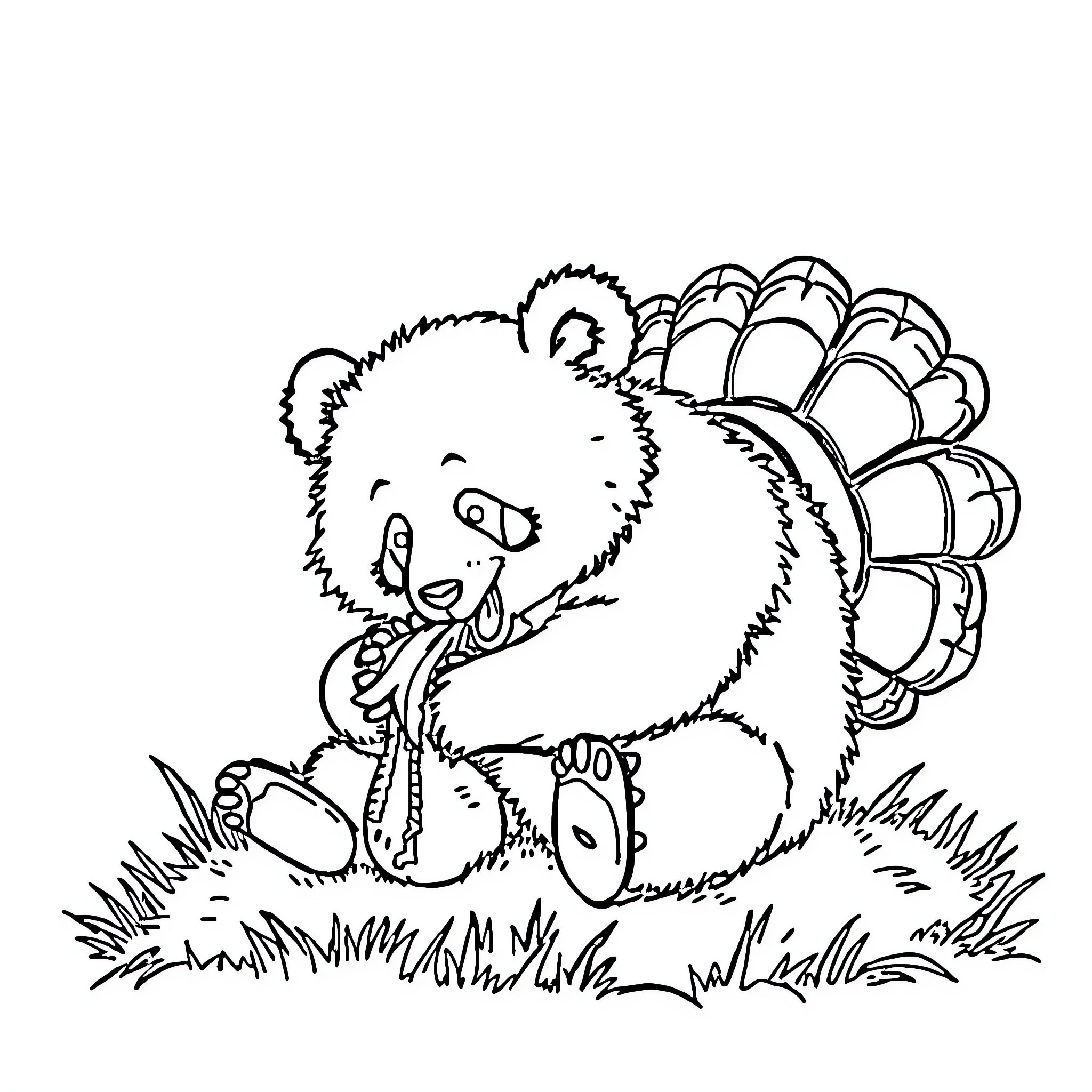 Panda bear in the grass holding a flower Coloring Page (free black-and-white line drawing printable PDF for all, from beginners to advanced learners, including children, teens, adults, and seniors)