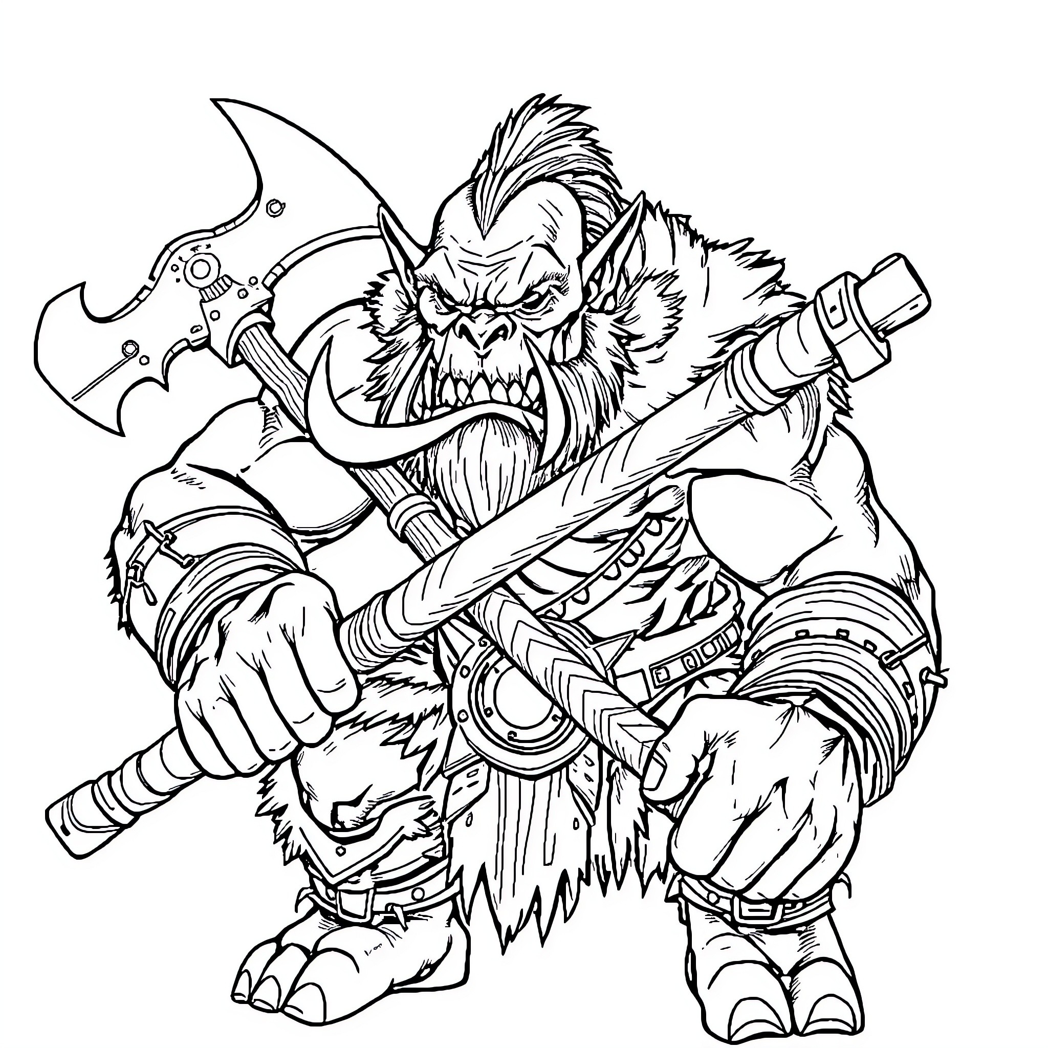 Orca-like Creature Wielding Fearsome Axe Coloring Page (free black-and-white line drawing printable PDF for all, from beginners to advanced learners, including children, teens, adults, and seniors)