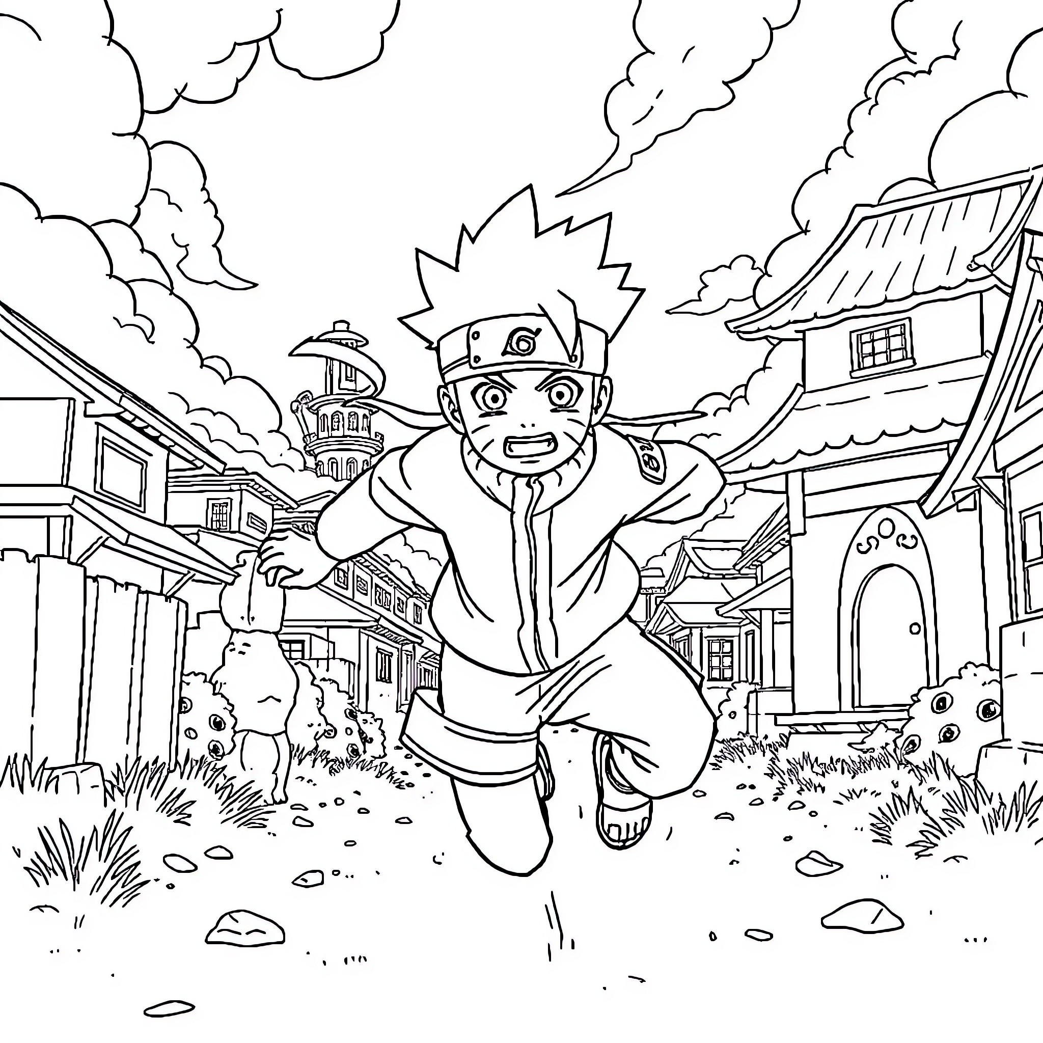 Naruto running through the village Coloring Page (free black-and-white line drawing printable PDF for all, from beginners to advanced learners, including children, teens, adults, and seniors)