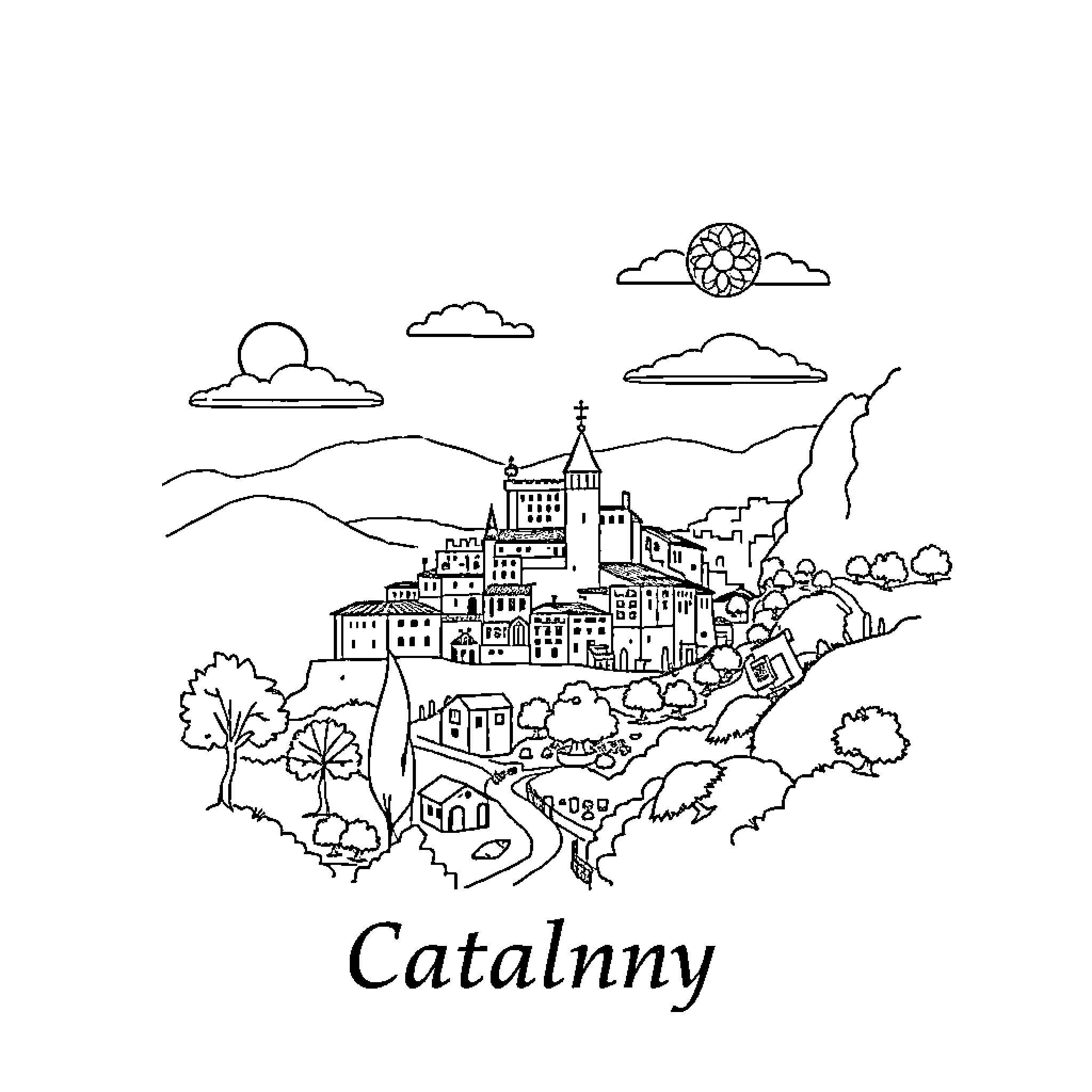 Comarca Catalunny - Scenic Village Landscape Coloring Page (free black-and-white line drawing printable PDF for all, from beginners to advanced learners, including children, teens, adults, and seniors)