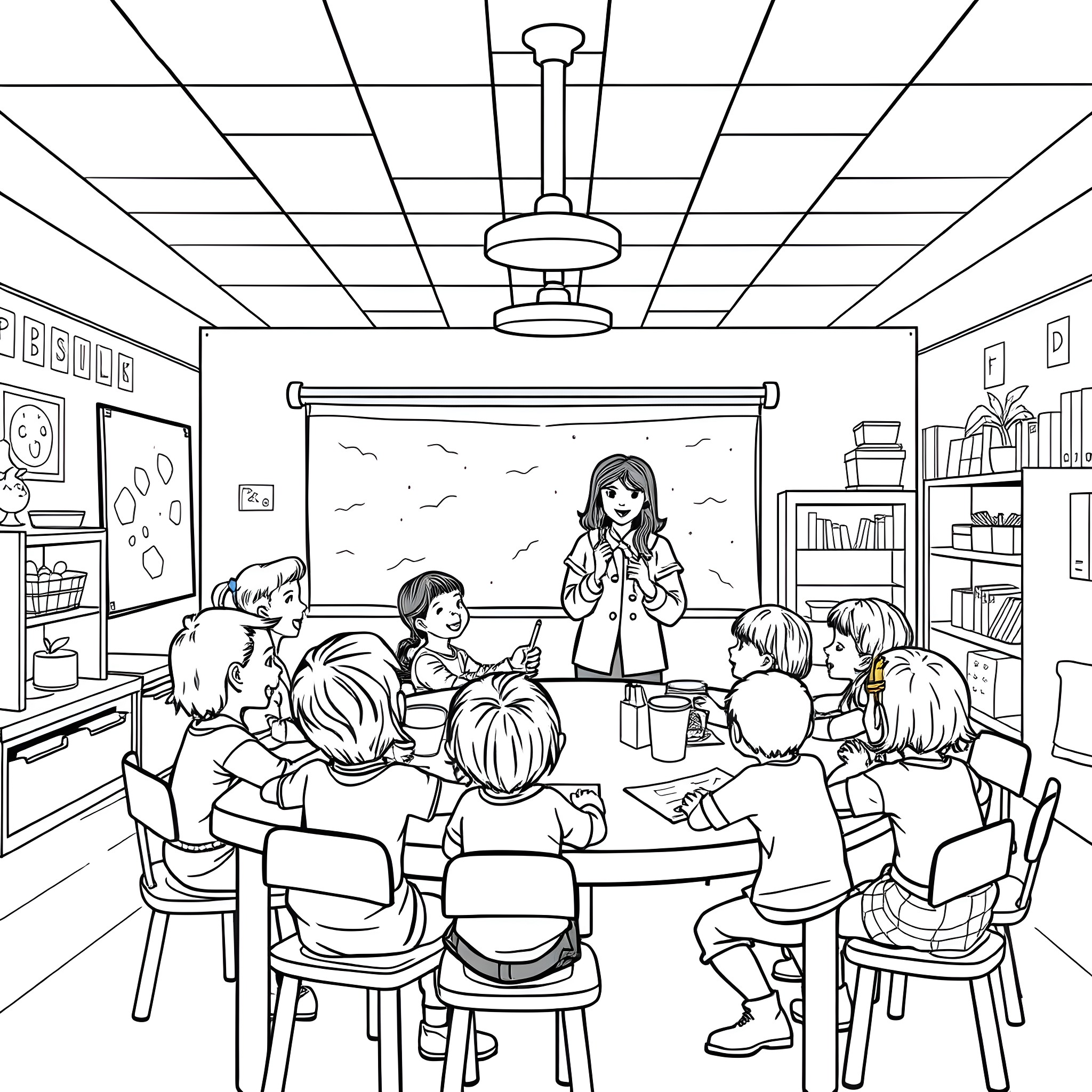 Kindergarten classroom with teacher and students Coloring Page (free black-and-white line drawing printable PDF for all, from beginners to advanced learners, including children, teens, adults, and seniors)