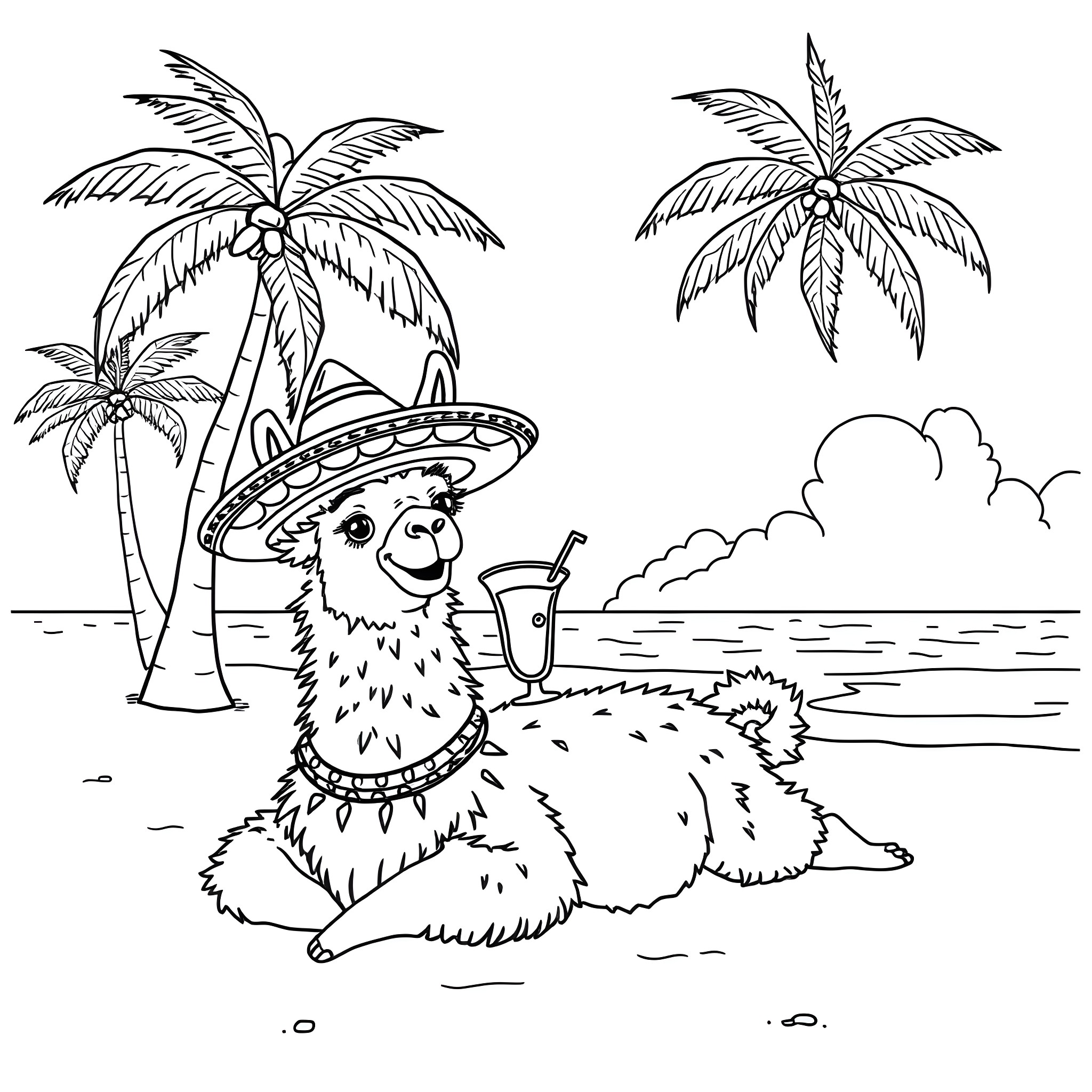 Llama enjoying a tropical vacation with palm trees Coloring Page (free black-and-white line drawing printable PDF for all, from beginners to advanced learners, including children, teens, adults, and seniors)