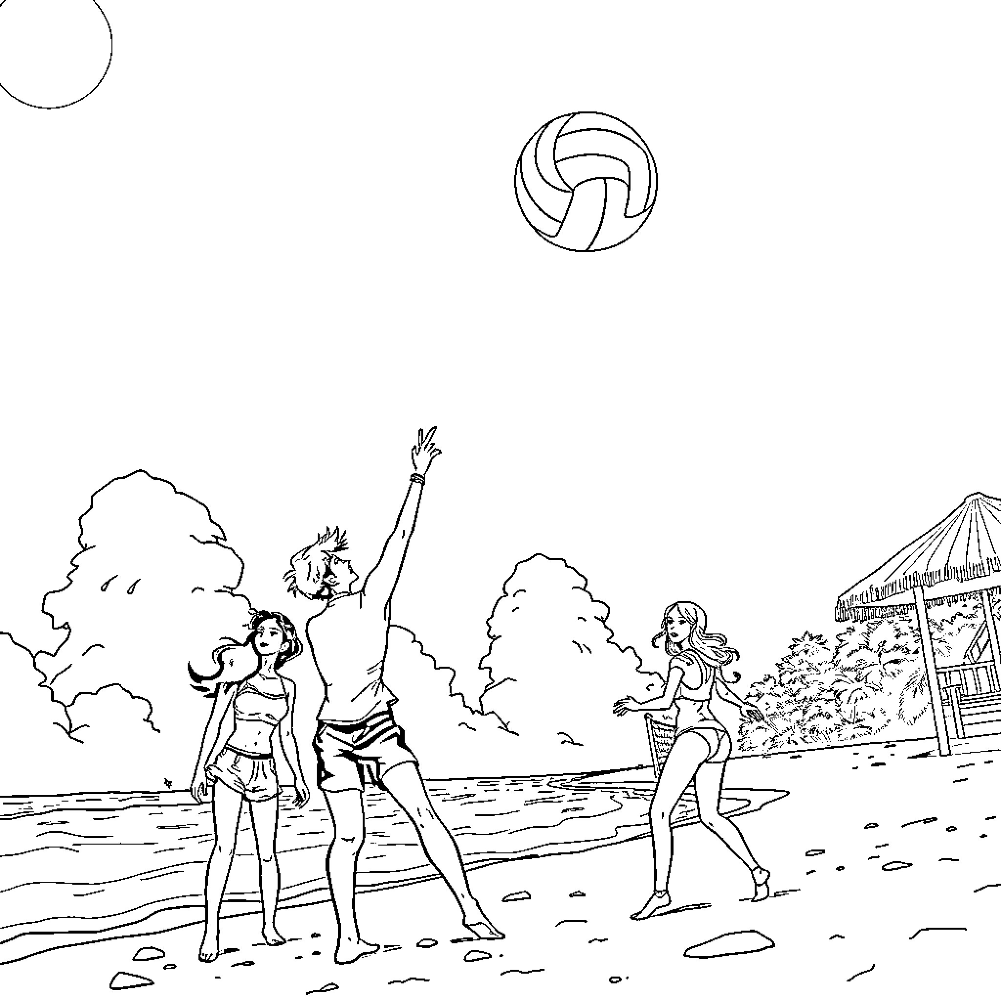 Rumi's beach volleyball game with friends Coloring Page (free black-and-white line drawing printable PDF for all, from beginners to advanced learners, including children, teens, adults, and seniors)