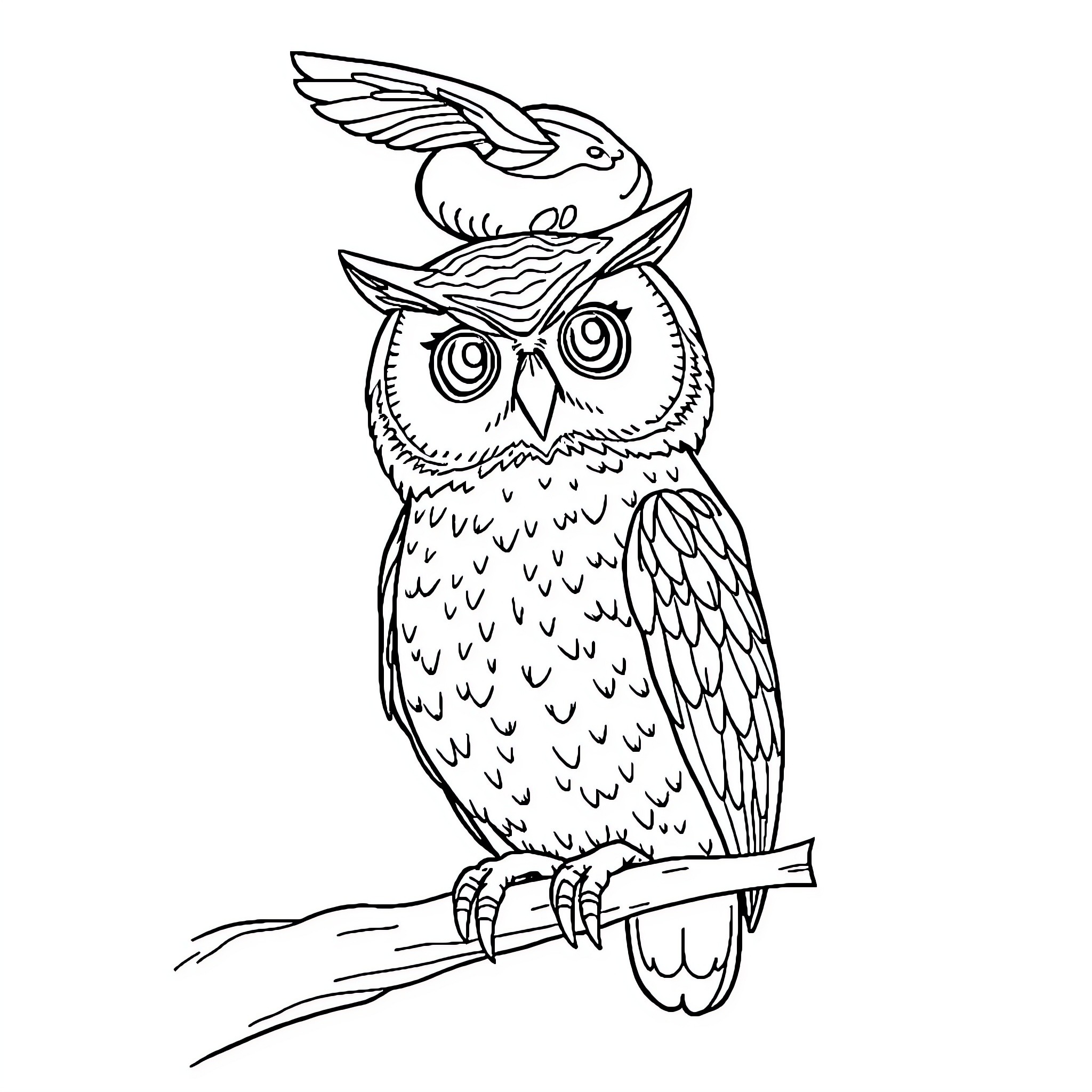 Owl with interesting headpiece perched on branch Coloring Page (free black-and-white line drawing printable PDF for all, from beginners to advanced learners, including children, teens, adults, and seniors)