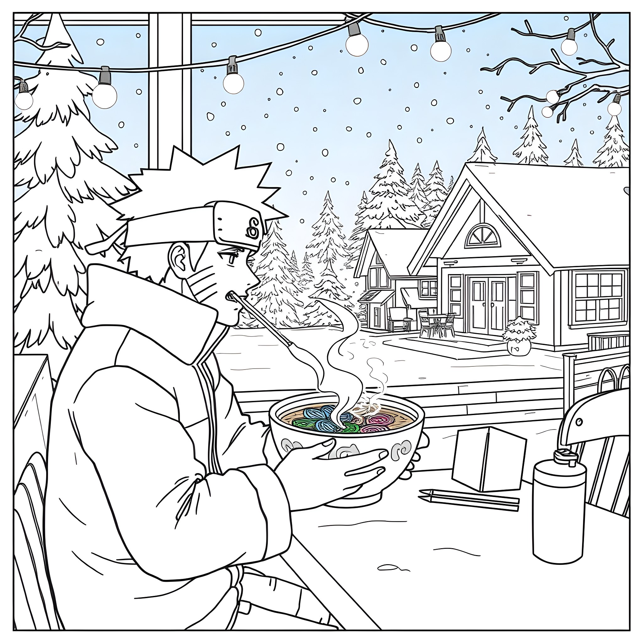 Naruto enjoying a warm drink on a snowy winter night Coloring Page (free black-and-white line drawing printable PDF for all, from beginners to advanced learners, including children, teens, adults, and seniors)