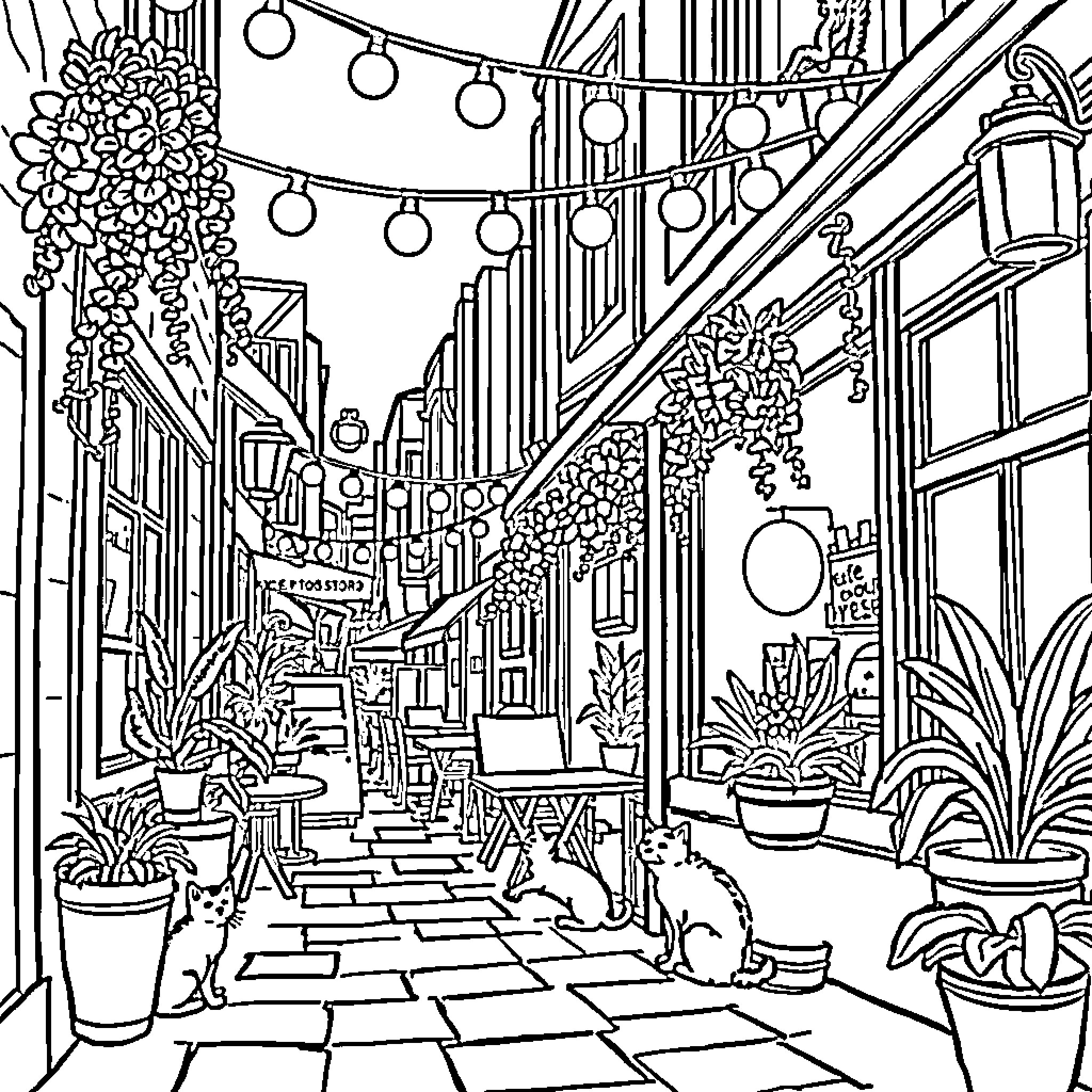 Cats exploring festive alleyway with decorations Coloring Page (free black-and-white line drawing printable PDF for all, from beginners to advanced learners, including children, teens, adults, and seniors)