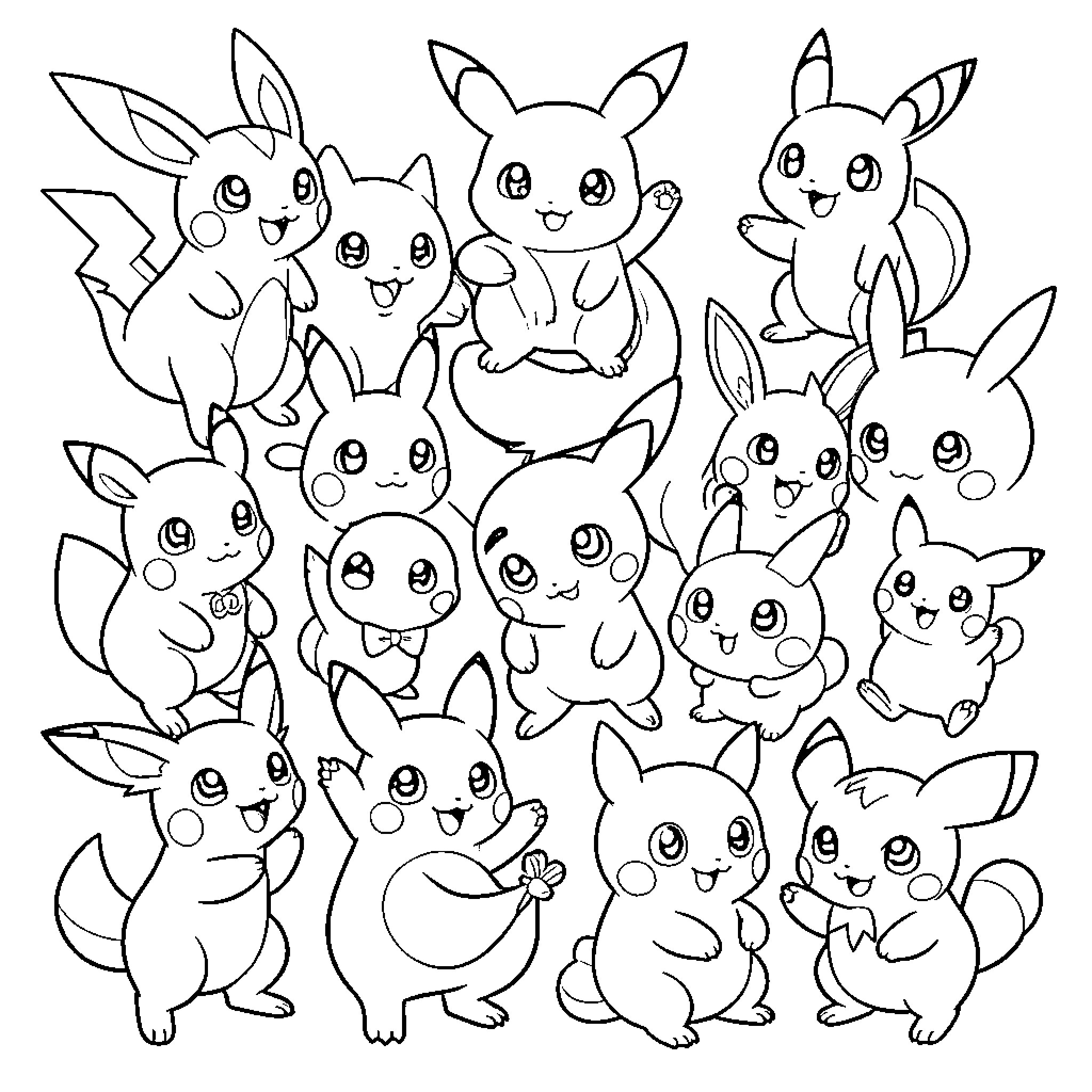 Pokémon characters posing and smiling in a group scene Coloring Page (free black-and-white line drawing printable PDF for all, from beginners to advanced learners, including children, teens, adults, and seniors)