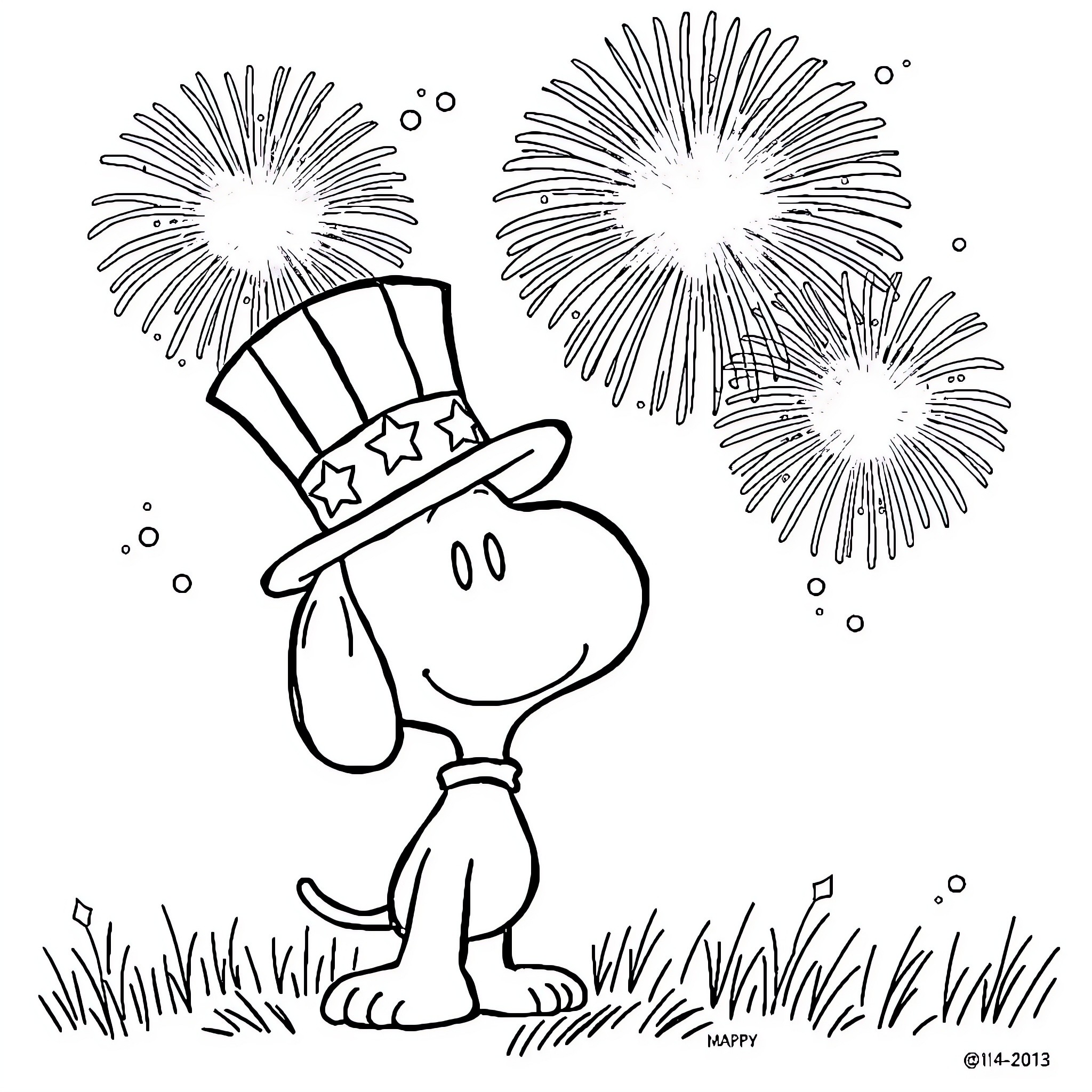 Snoopy watching fireworks celebration Coloring Page (free black-and-white line drawing printable PDF for all, from beginners to advanced learners, including children, teens, adults, and seniors)