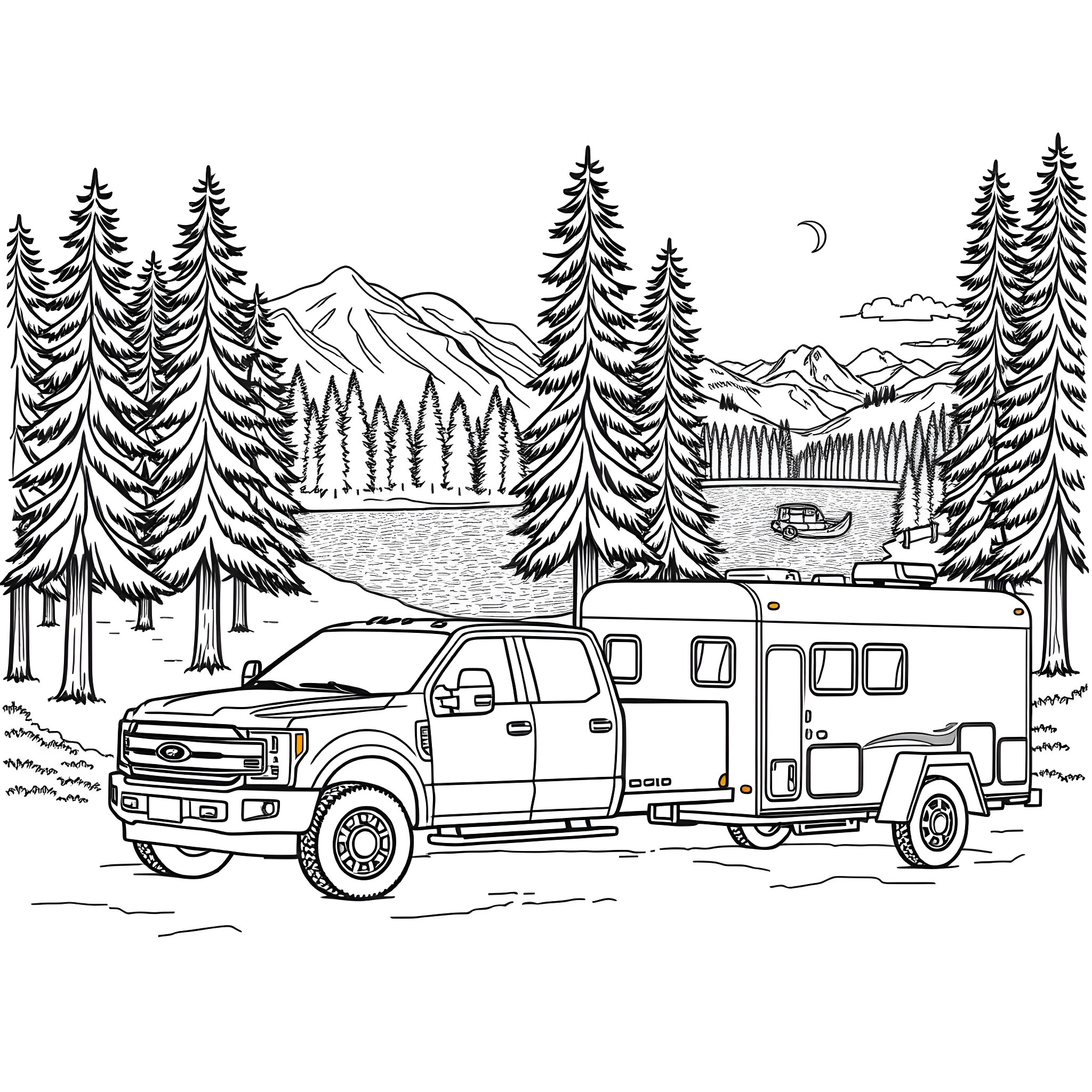 Pickup truck towing camper in scenic mountain landscape Coloring Page (free black-and-white line drawing printable PDF for all, from beginners to advanced learners, including children, teens, adults, and seniors)