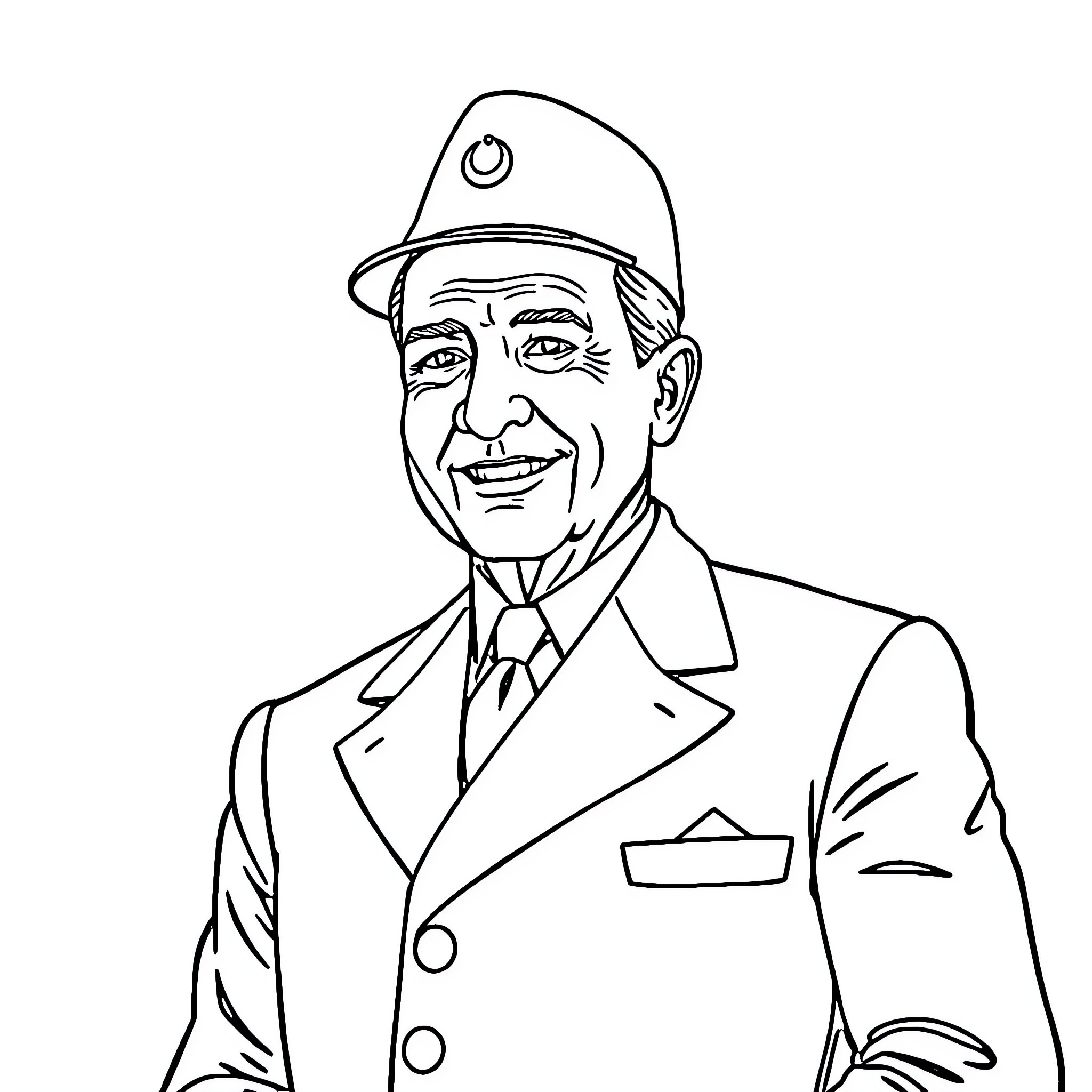 Ataturk in formal military uniform and cap Coloring Page (free black-and-white line drawing printable PDF for all, from beginners to advanced learners, including children, teens, adults, and seniors)