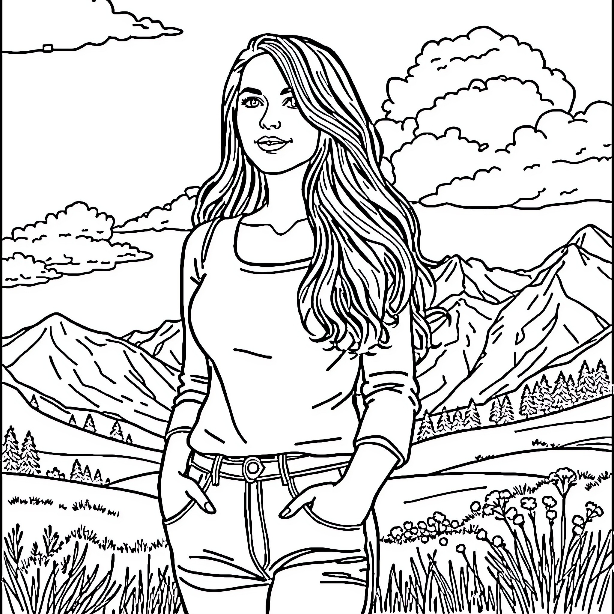 Isabela Ladera enjoying the outdoors in a scenic landscape Coloring Page (free black-and-white line drawing printable PDF for all, from beginners to advanced learners, including children, teens, adults, and seniors)