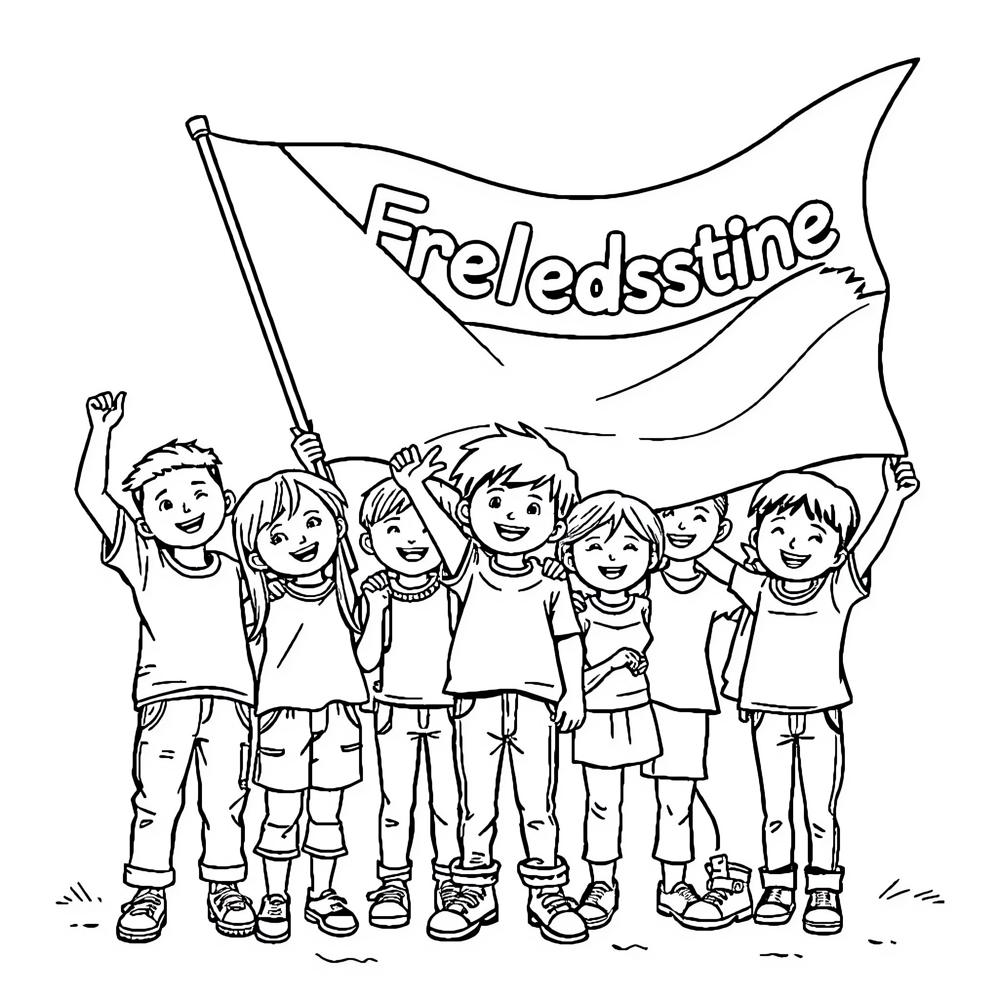 Kid friends celebrating with Freiedsstine flag Coloring Page (free black-and-white line drawing printable PDF for all, from beginners to advanced learners, including children, teens, adults, and seniors)
