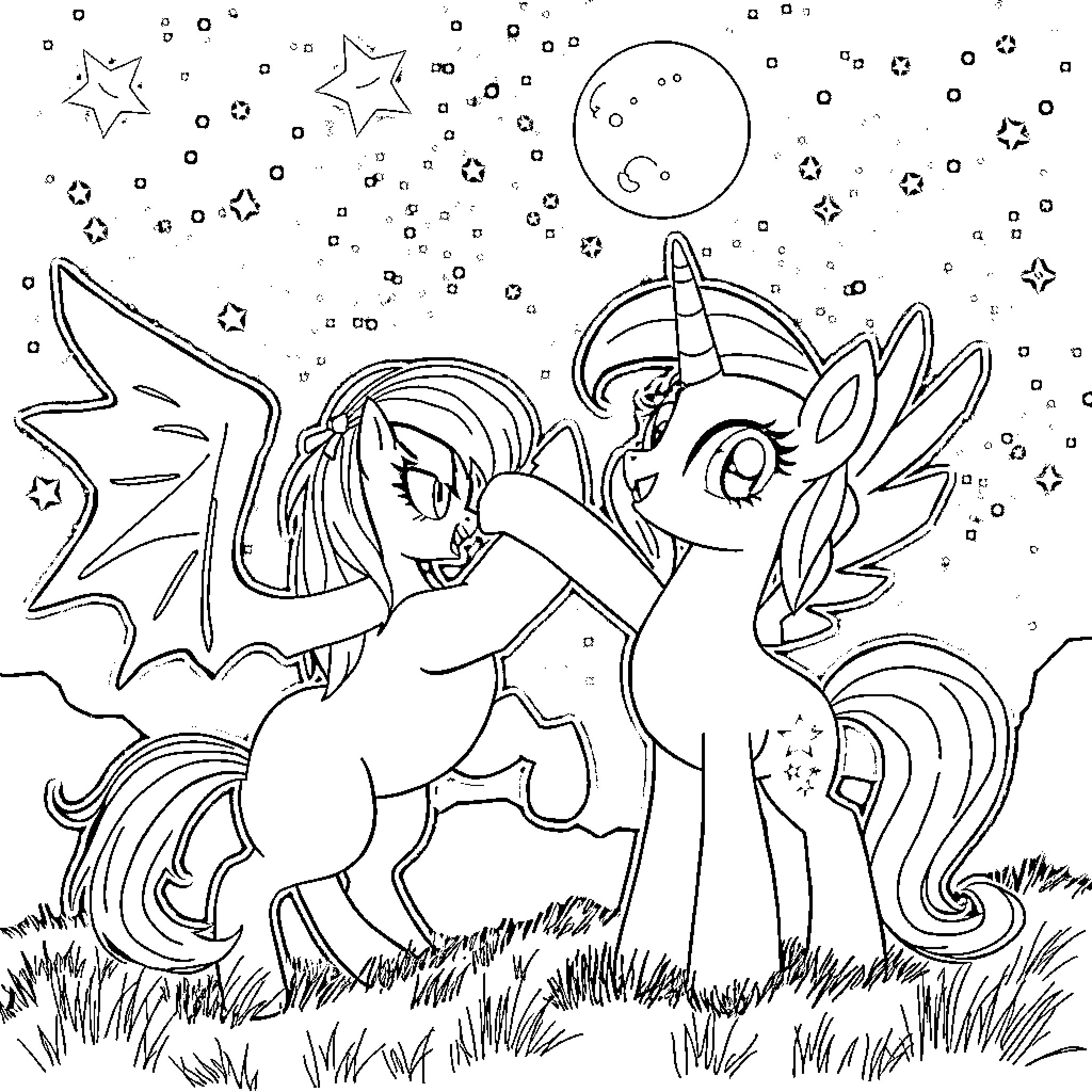 Twilight Sparkle and Winged Unicorn in Starry Meadow Coloring Page (free black-and-white line drawing printable PDF for all, from beginners to advanced learners, including children, teens, adults, and seniors)