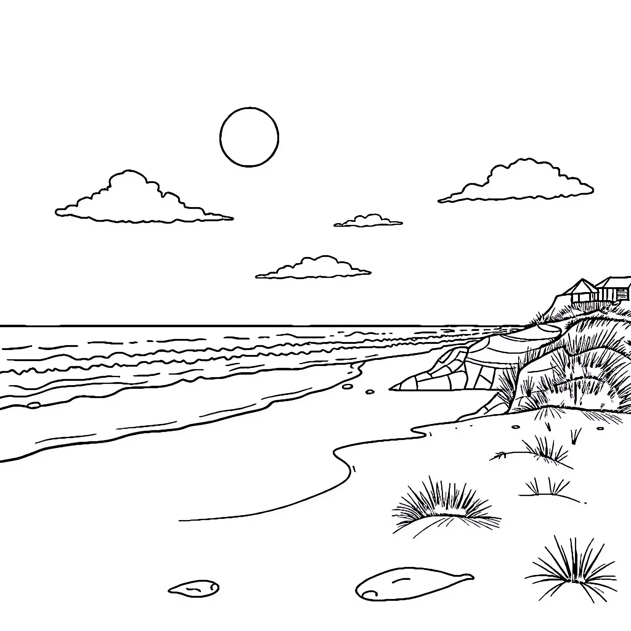 Beach scene with waves, clouds, and natural environment Coloring Page (free black-and-white line drawing printable PDF for all, from beginners to advanced learners, including children, teens, adults, and seniors)