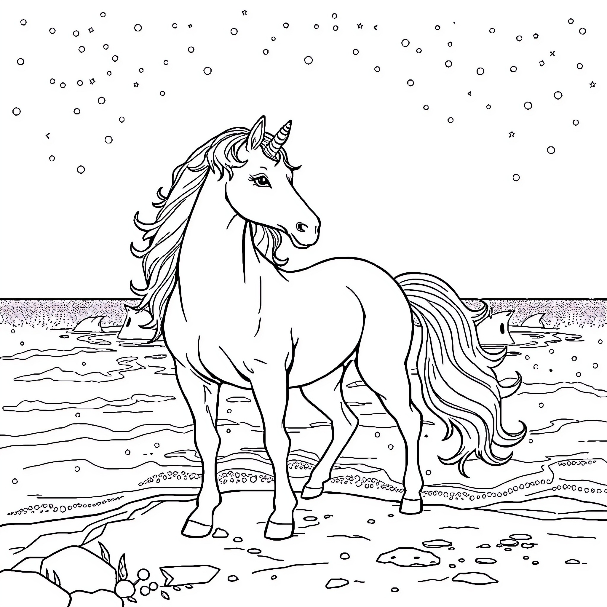 Unicorn standing majestically in a snowy landscape Coloring Page (free black-and-white line drawing printable PDF for all, from beginners to advanced learners, including children, teens, adults, and seniors)