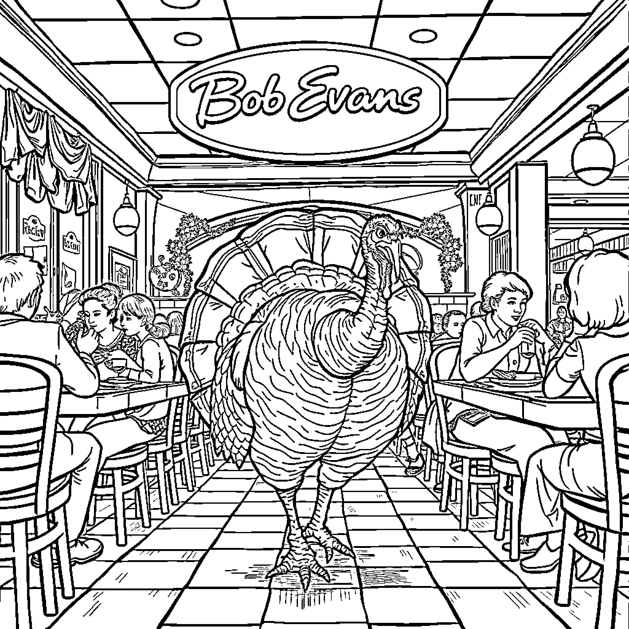 Turkey posing confidently in a bustling restaurant Coloring Page (free black-and-white line drawing printable PDF for all, from beginners to advanced learners, including children, teens, adults, and seniors)