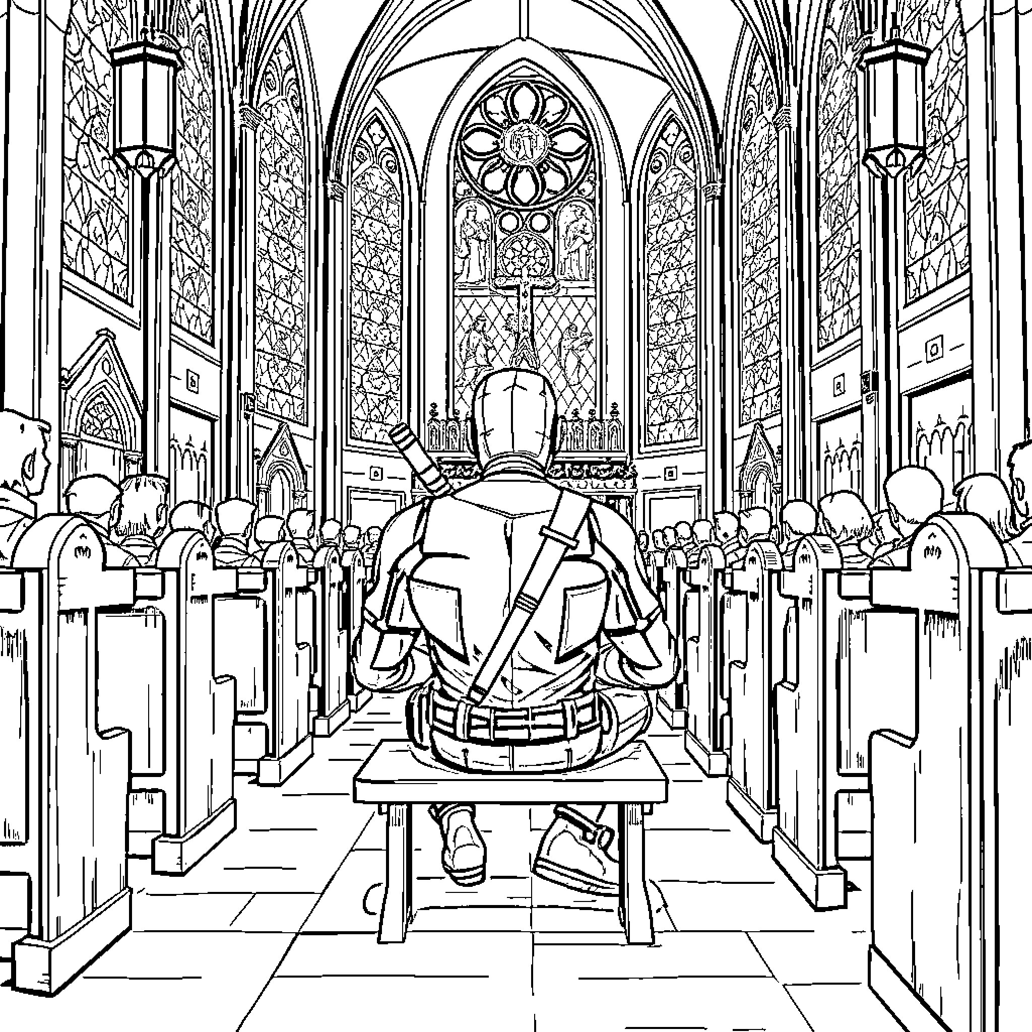 Deadpool in a Gothic cathedral Coloring Page (free black-and-white line drawing printable PDF for all, from beginners to advanced learners, including children, teens, adults, and seniors)