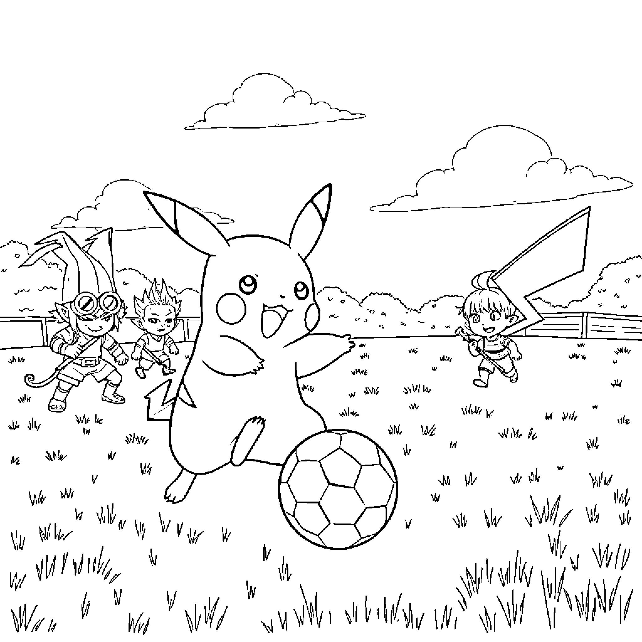 Pikachu playing soccer with children in the park Coloring Page (free black-and-white line drawing printable PDF for all, from beginners to advanced learners, including children, teens, adults, and seniors)