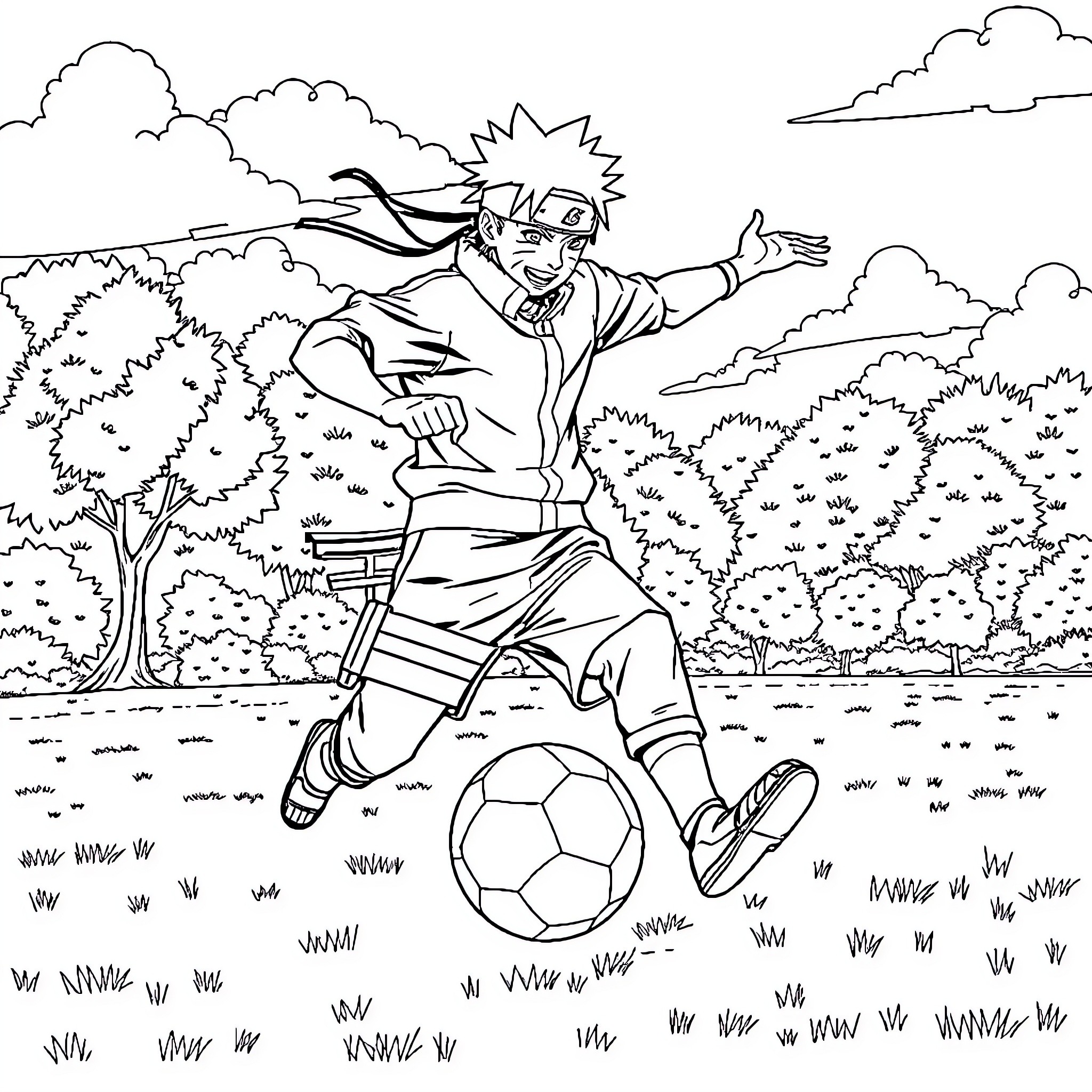 Naruto playing soccer in the forest Coloring Page (free black-and-white line drawing printable PDF for all, from beginners to advanced learners, including children, teens, adults, and seniors)