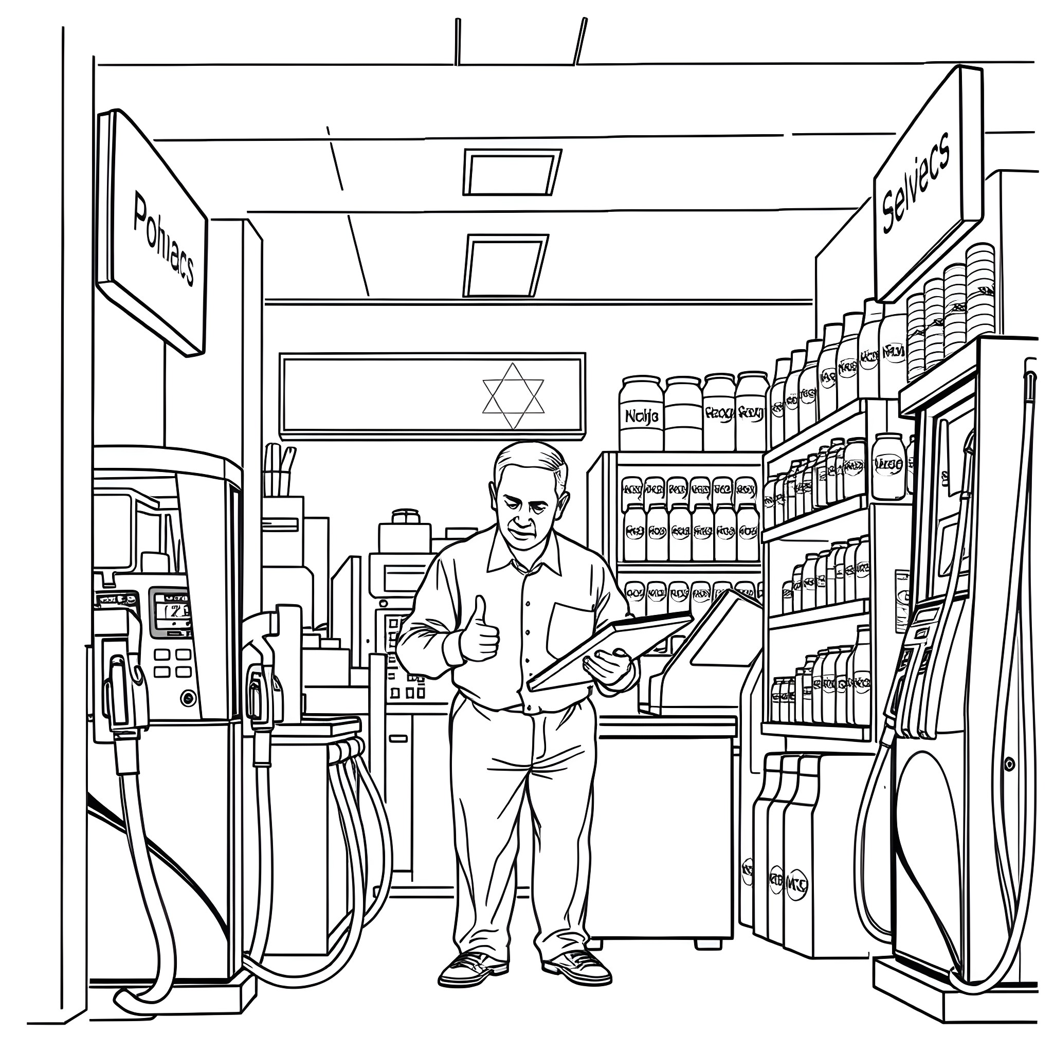 Benjamin Netanyahu in a neighborhood convenience store Coloring Page (free black-and-white line drawing printable PDF for all, from beginners to advanced learners, including children, teens, adults, and seniors)