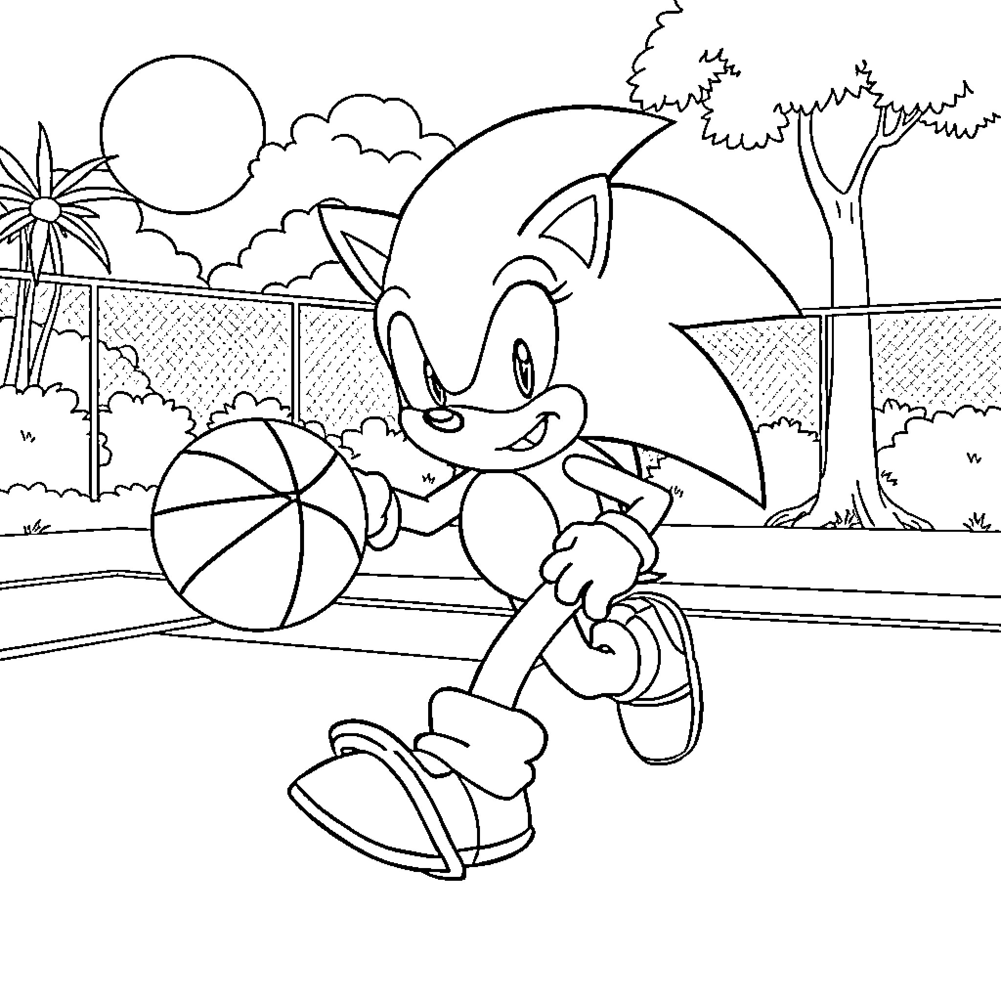 Sonic playing happily with a beach ball in the park Coloring Page (free black-and-white line drawing printable PDF for all, from beginners to advanced learners, including children, teens, adults, and seniors)