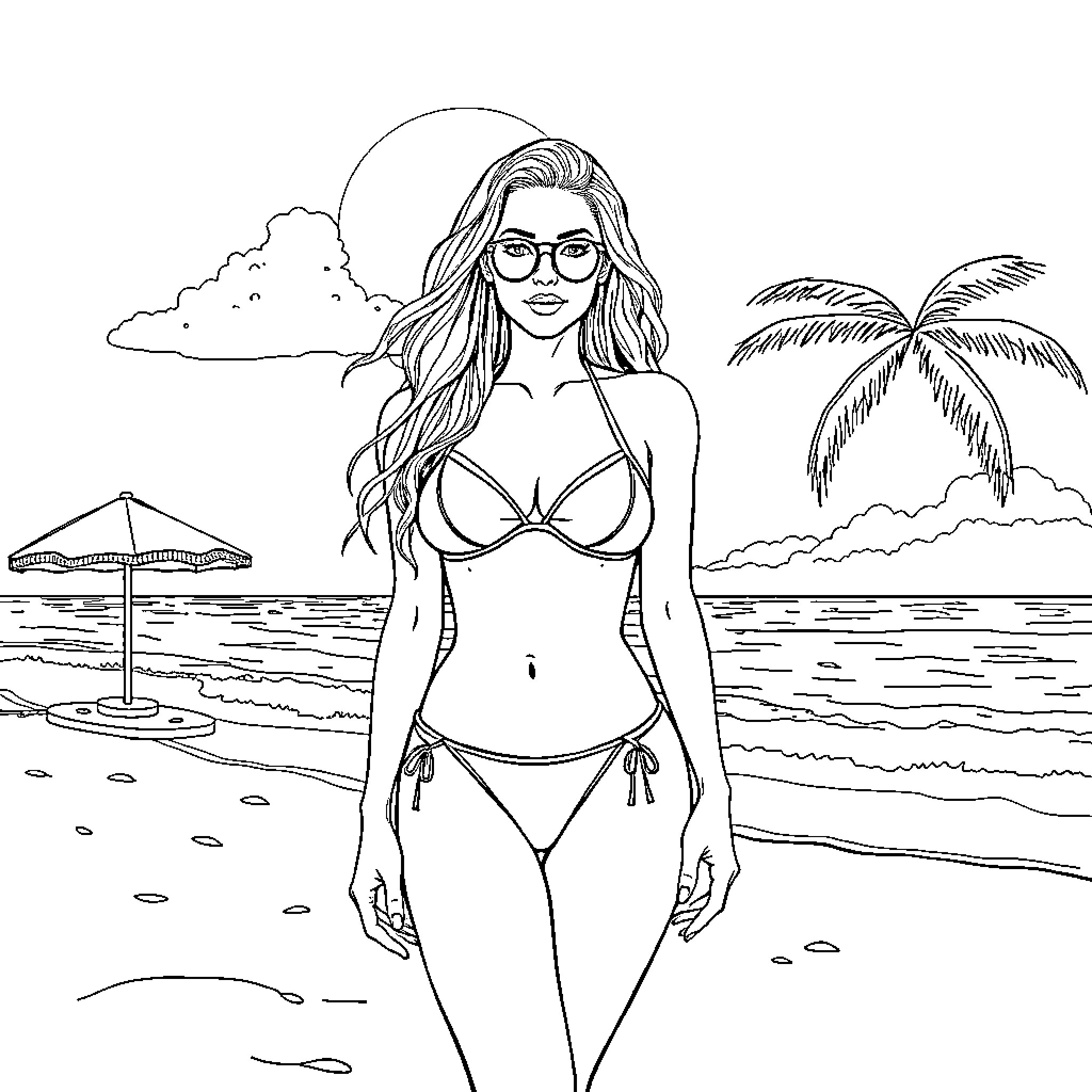 Sydney Sweeney enjoying a day at the beach Coloring Page (free black-and-white line drawing printable PDF for all, from beginners to advanced learners, including children, teens, adults, and seniors)