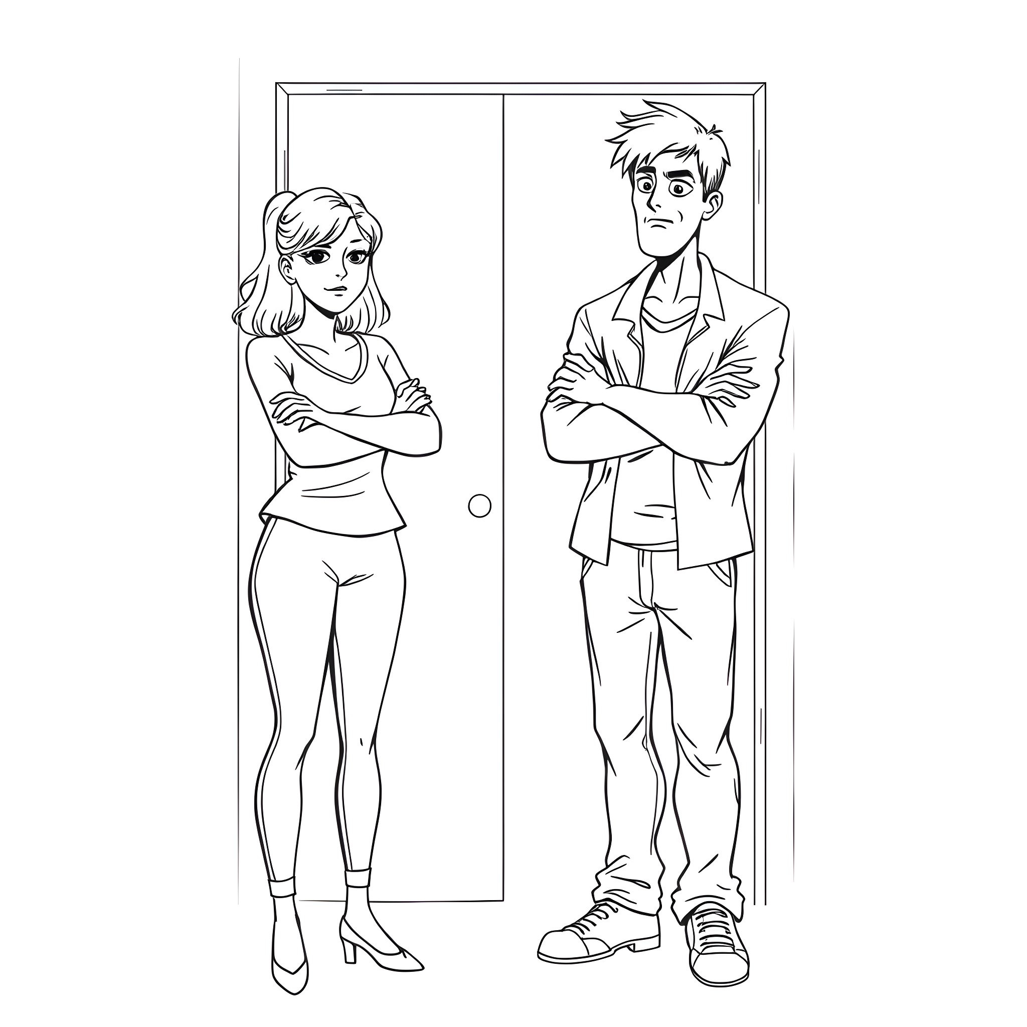 Wife and husband arguing in hallway Coloring Page (free black-and-white line drawing printable PDF for all, from beginners to advanced learners, including children, teens, adults, and seniors)