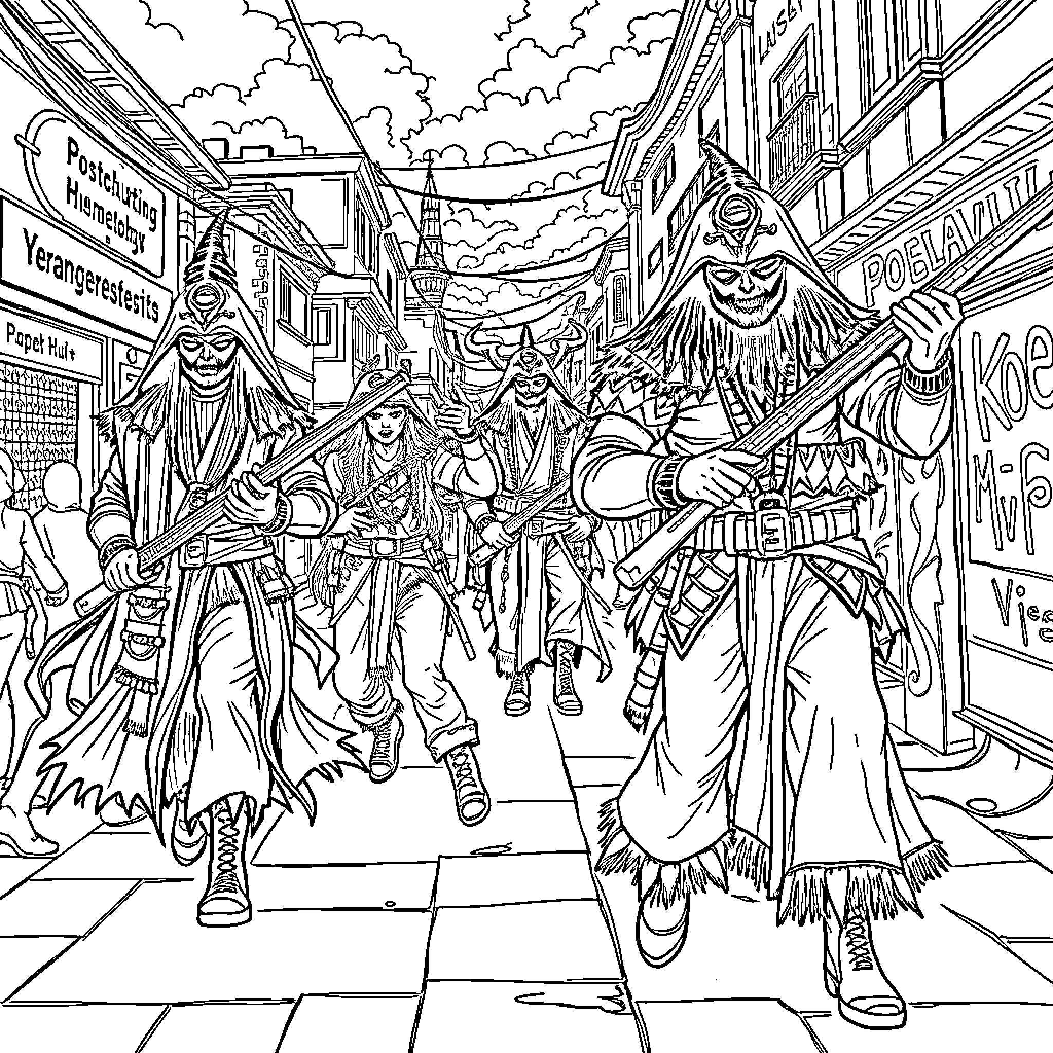 Demon Hunter Battles Fearsome Foes in City Street Coloring Page (free black-and-white line drawing printable PDF for all, from beginners to advanced learners, including children, teens, adults, and seniors)