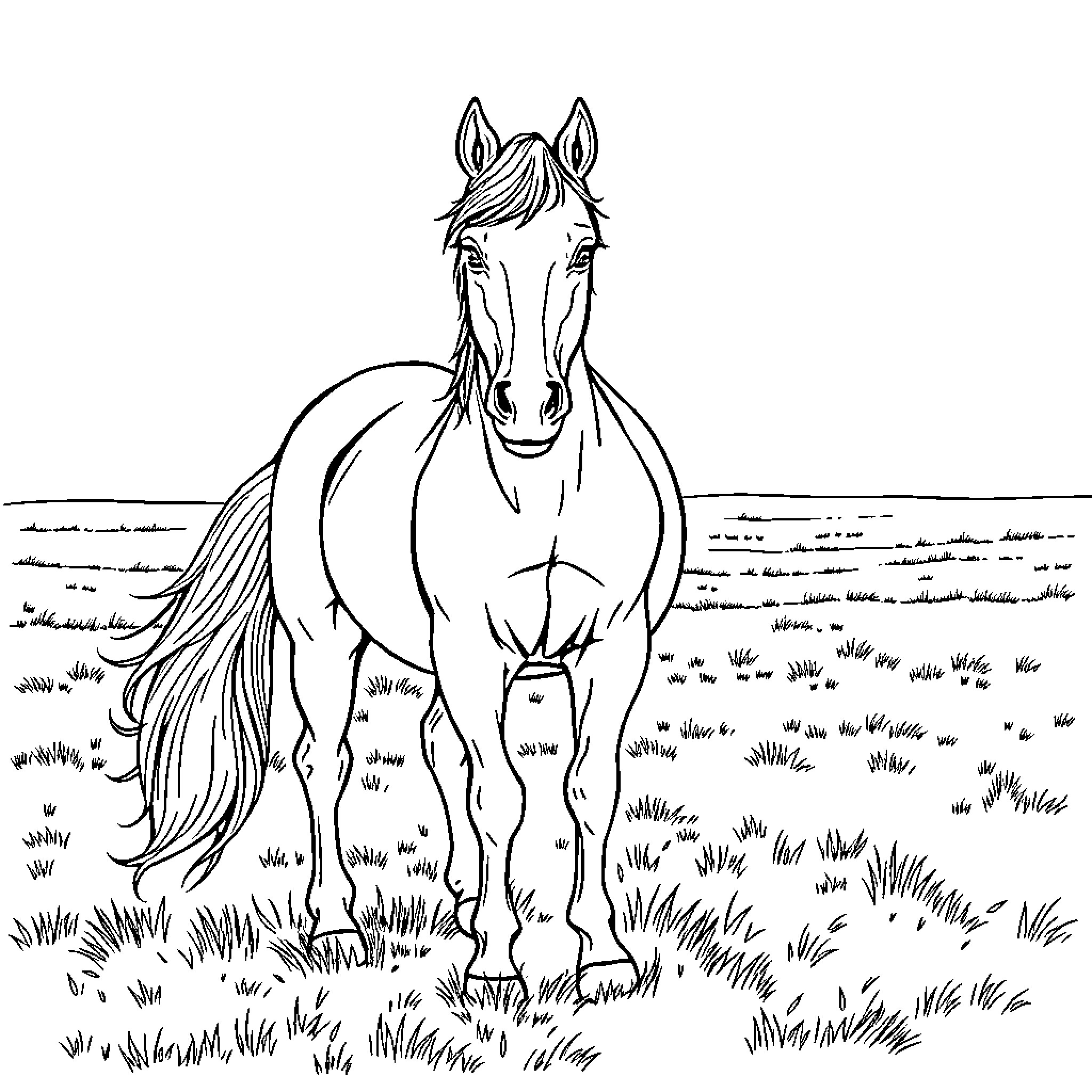Horse standing in a grassy field Coloring Page (free black-and-white line drawing printable PDF for all, from beginners to advanced learners, including children, teens, adults, and seniors)